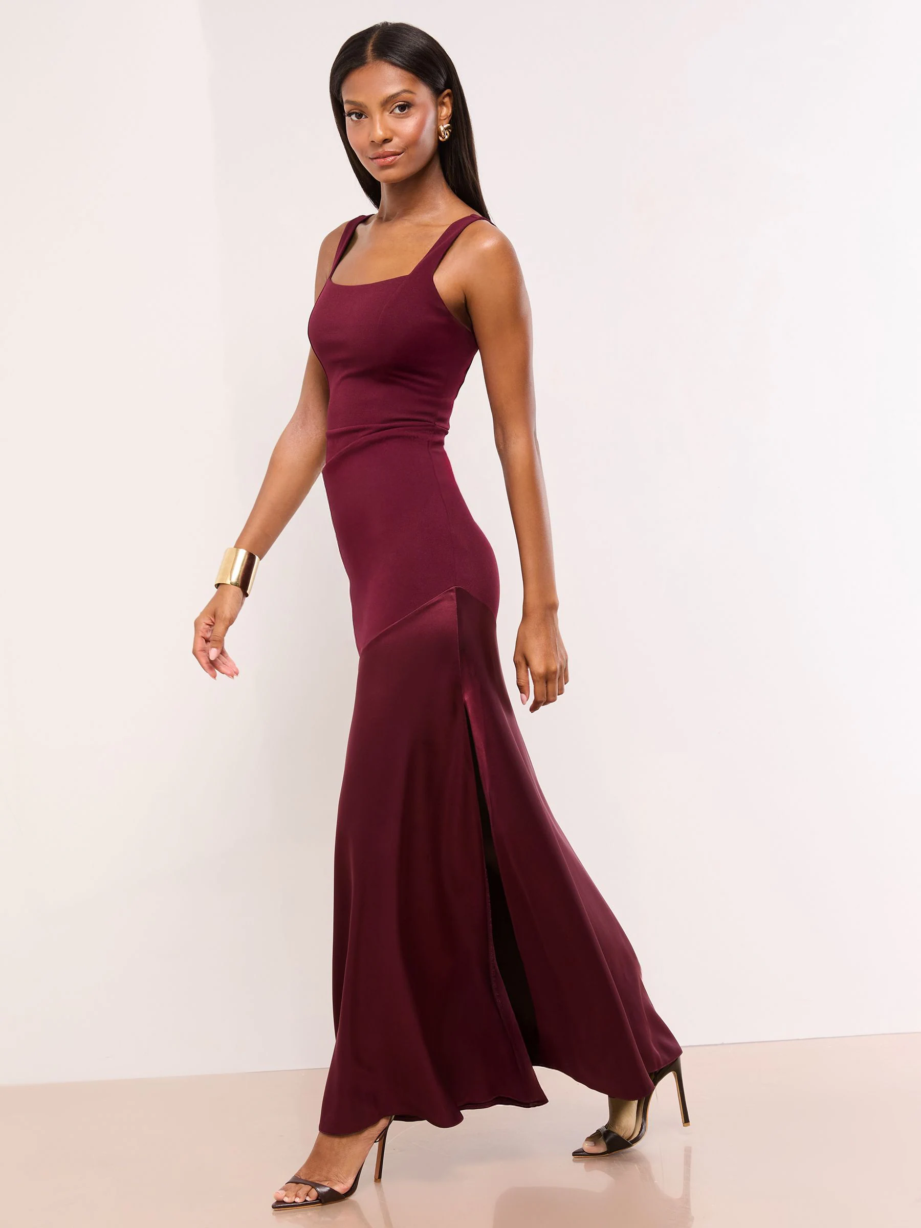 Lipsy Burgundy Red Satin Mix Structured Fishtail Bridesmaid Maxi Dress