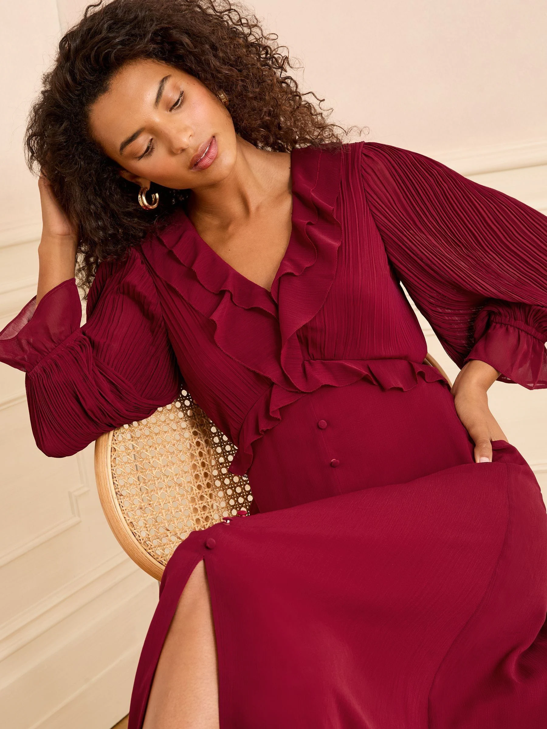 Love & Roses Red Pleated Ruffle Midi Dress