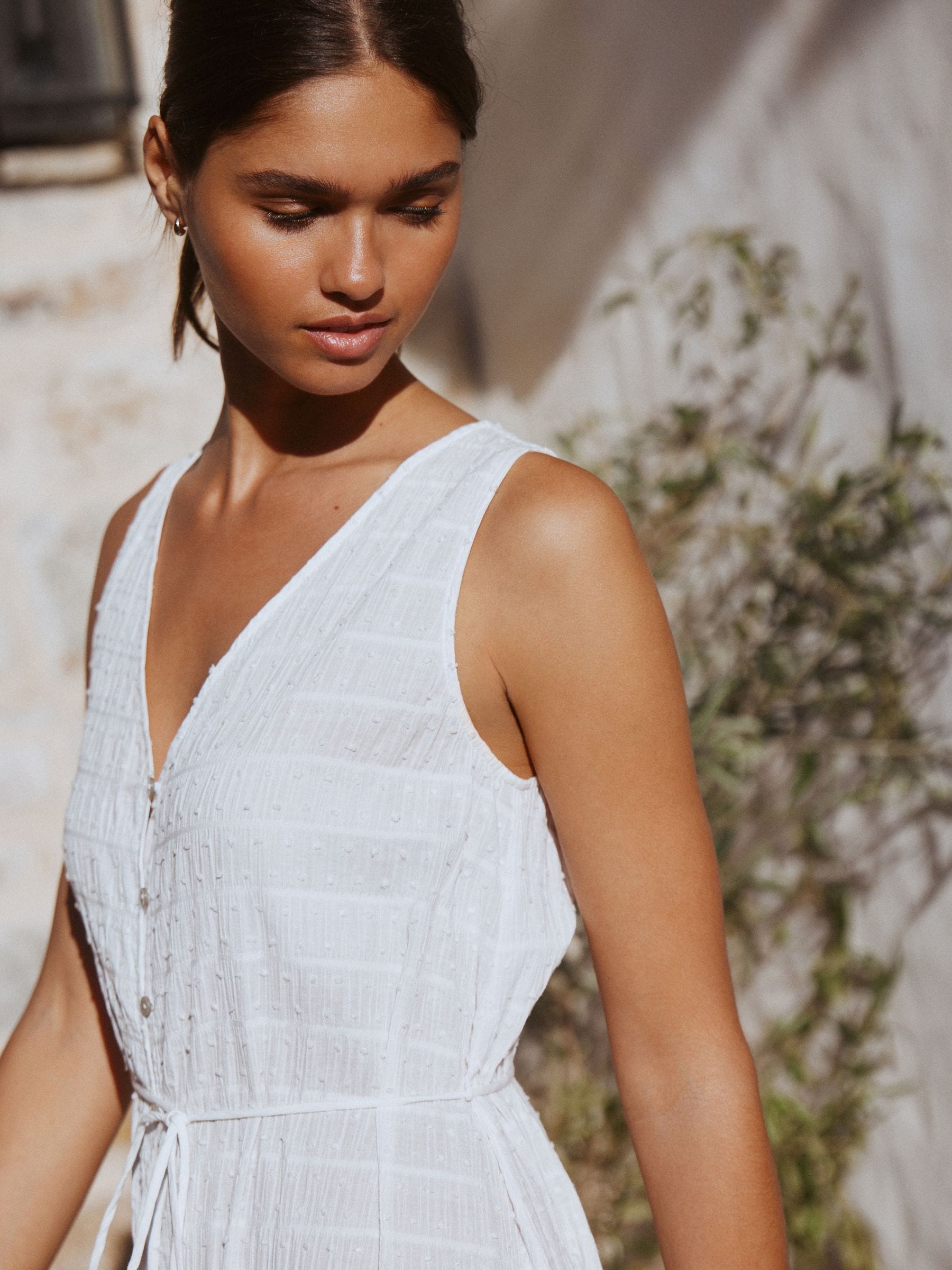 White Button Through Tie Waist Sleeveless Maxi Dress