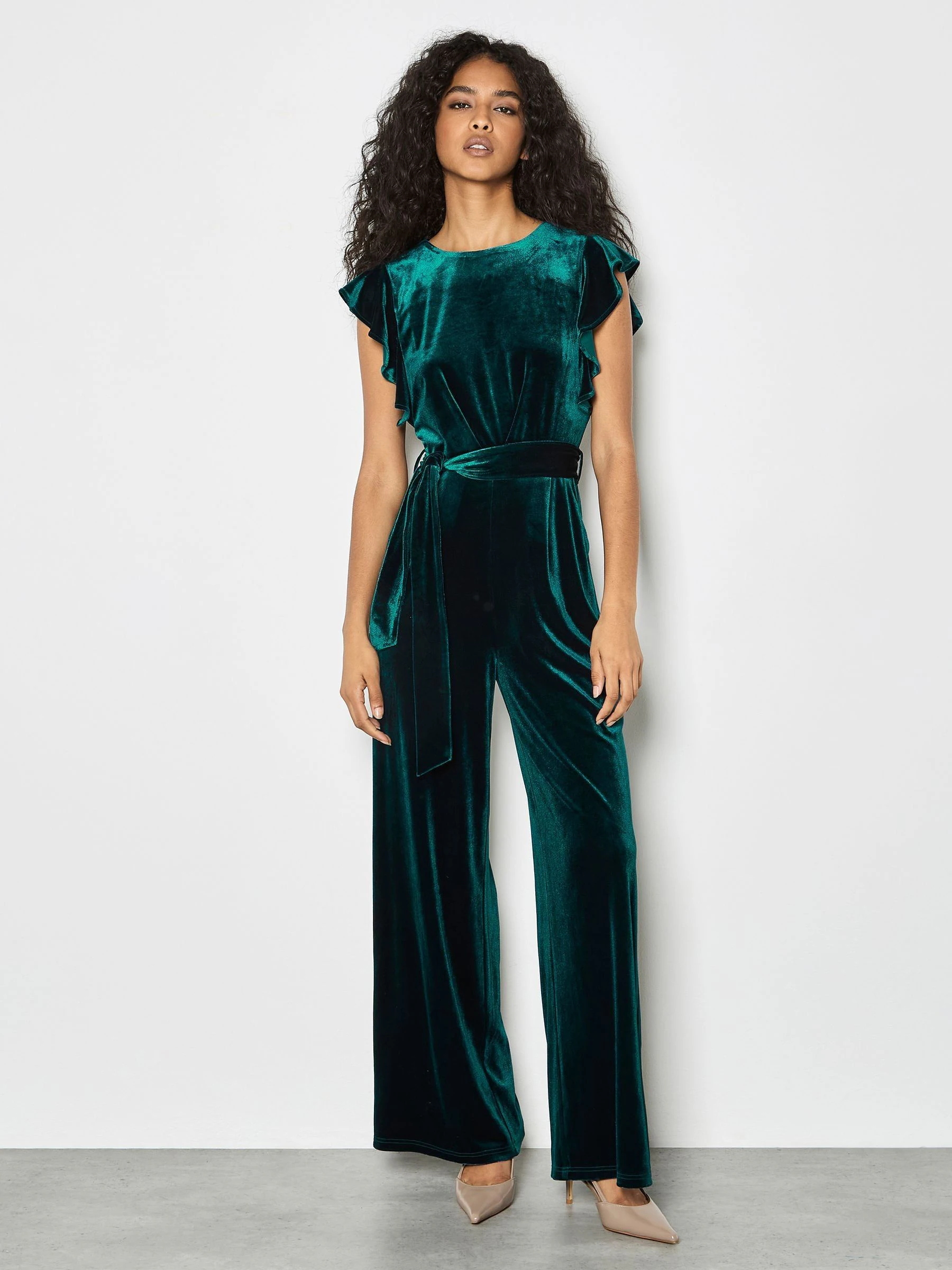 Apricot Green Velvet Ruffle Sleeve Jumpsuit