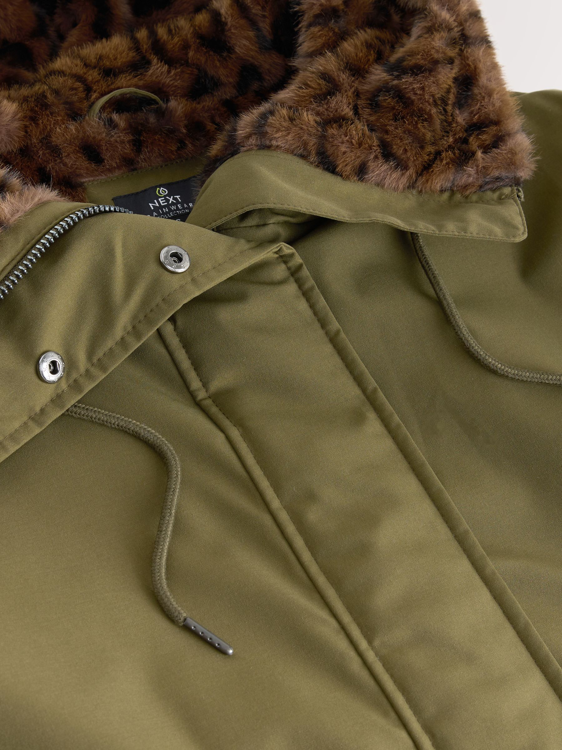 Khaki Green Parka with Animal Print Faux Fur Lining