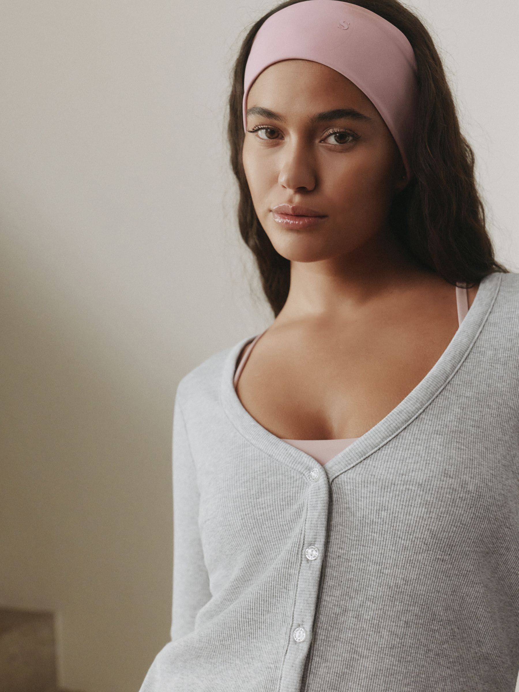 self. Grey Ribbed Cardigan