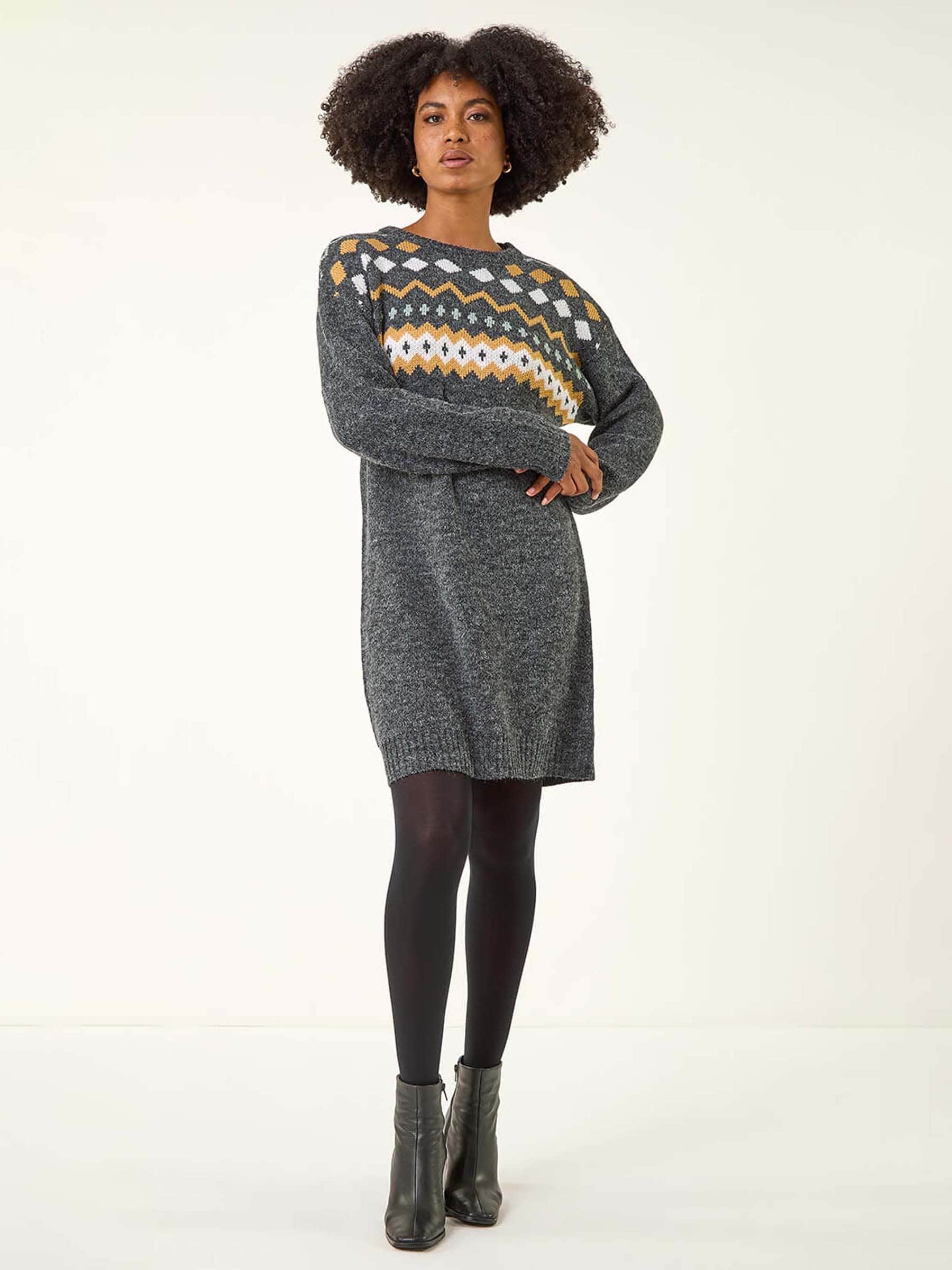 Roman Grey Nordic Print Knitted Jumper Dress
