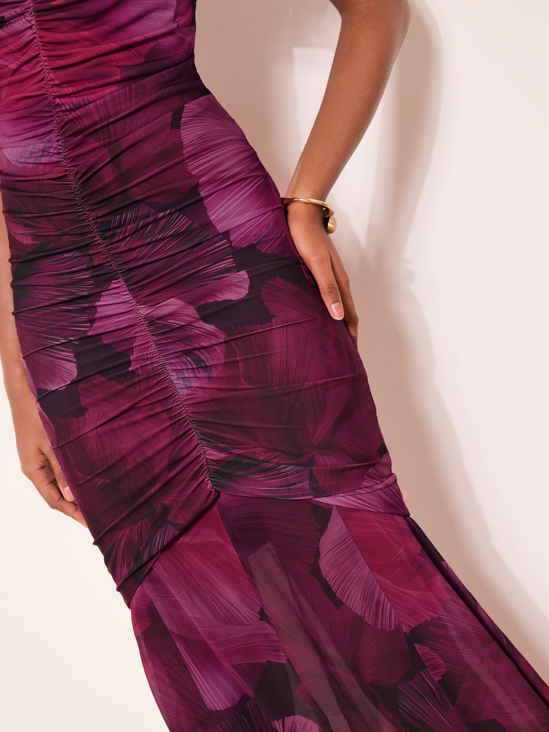 Lipsy Pink Floral Print Ruched Mesh Maxi Dress