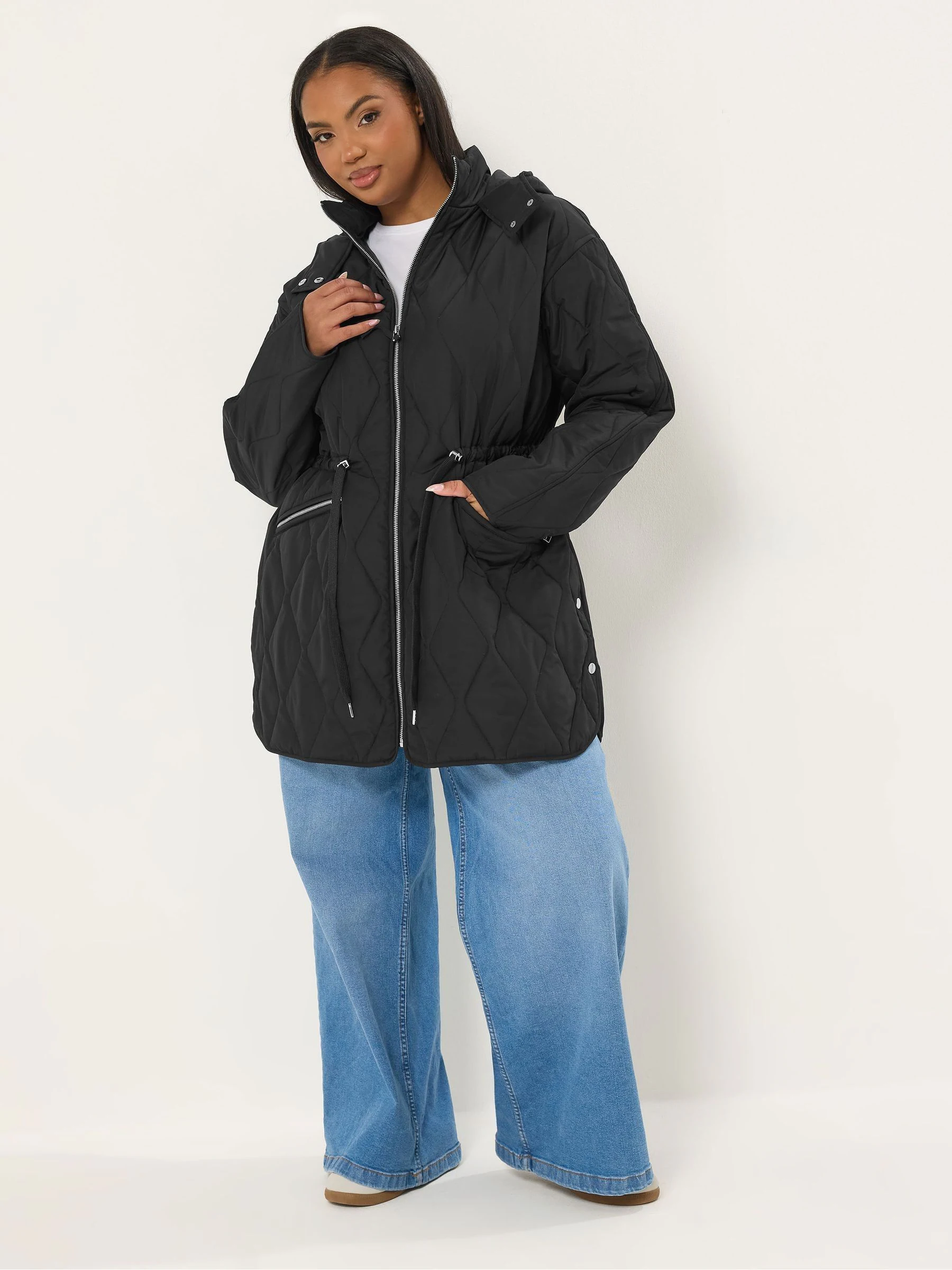 Yours Curve Black Lightweight Diamond Quilted Midi Jacket