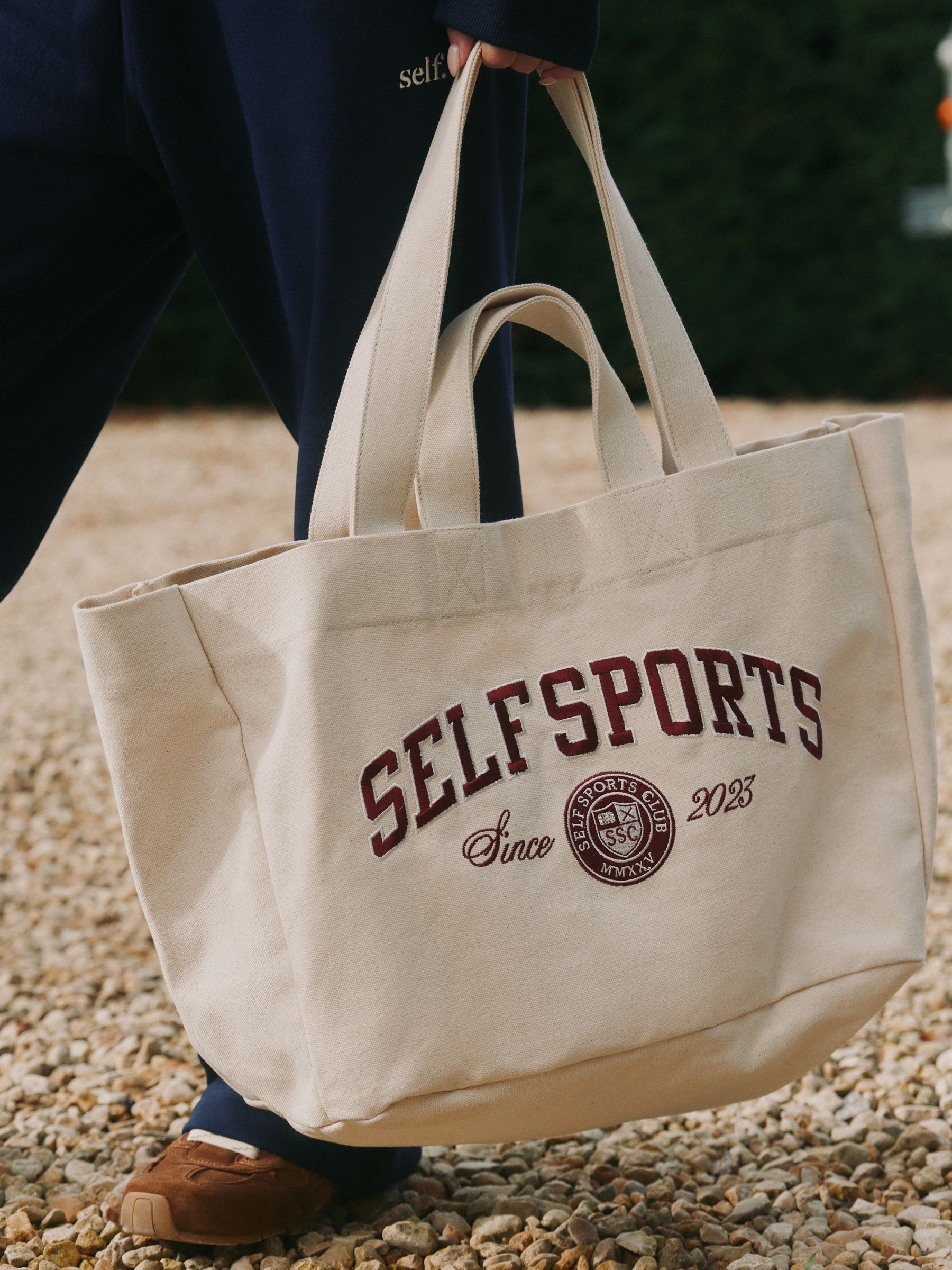 self. Ecru Sports Cotton Canvas Tote Bag