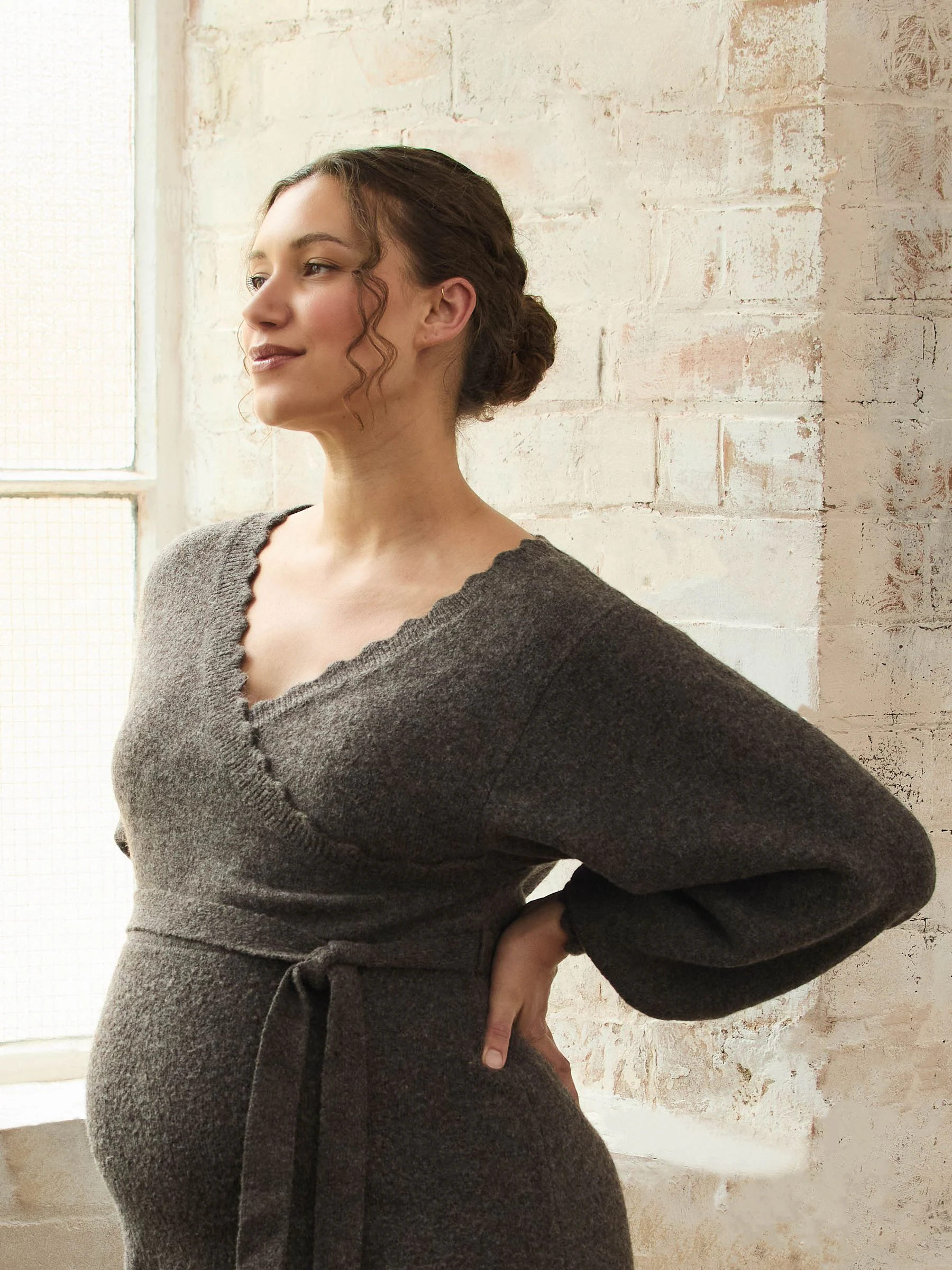 JoJo Maman Bébé Mocha Blouson Sleeve Maternity Knitted Midi Dress