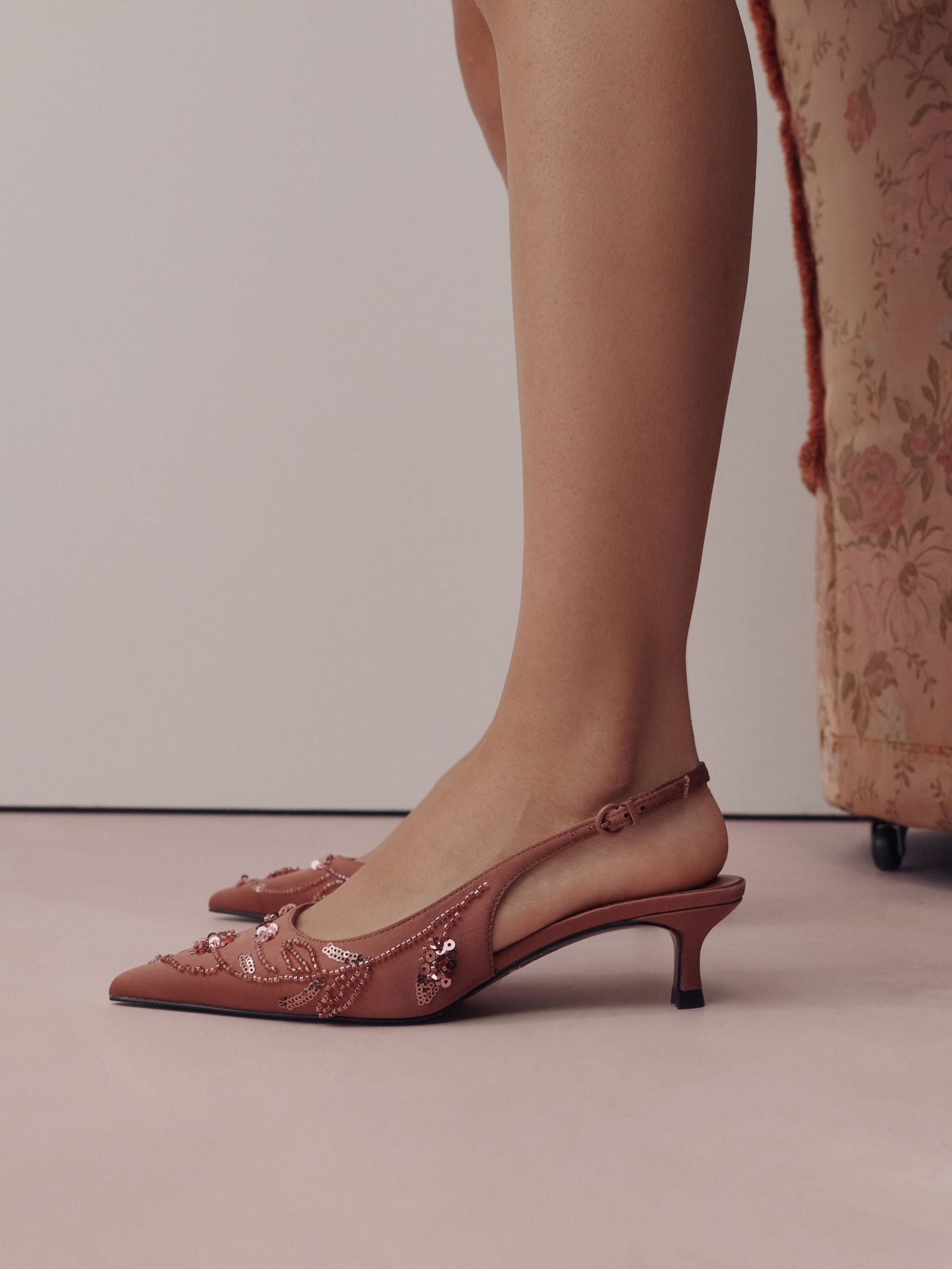 Pink Forever Comfort Satin Beaded Slingback Kitten Heels