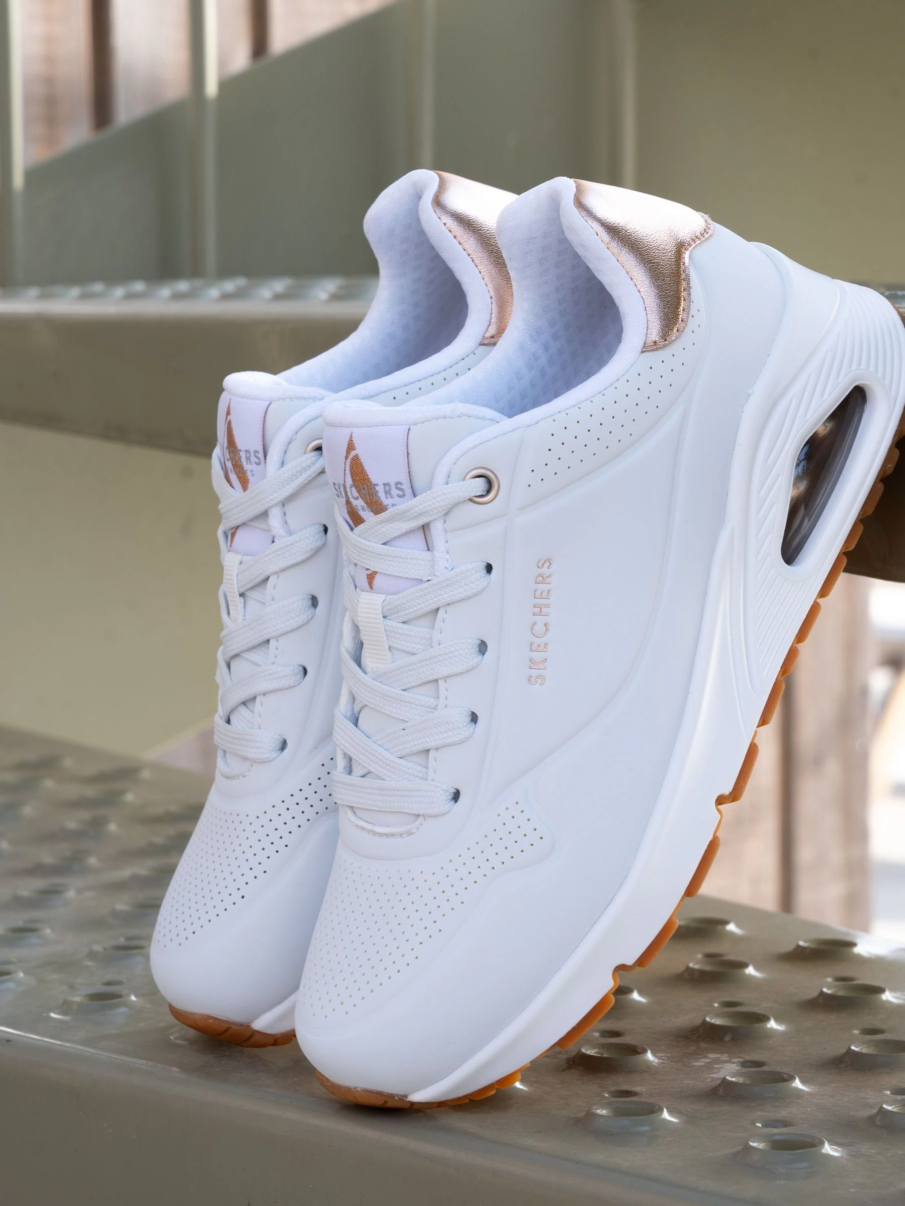 Skechers Cotton White Golden Womens Standard Fit Uno Trainers