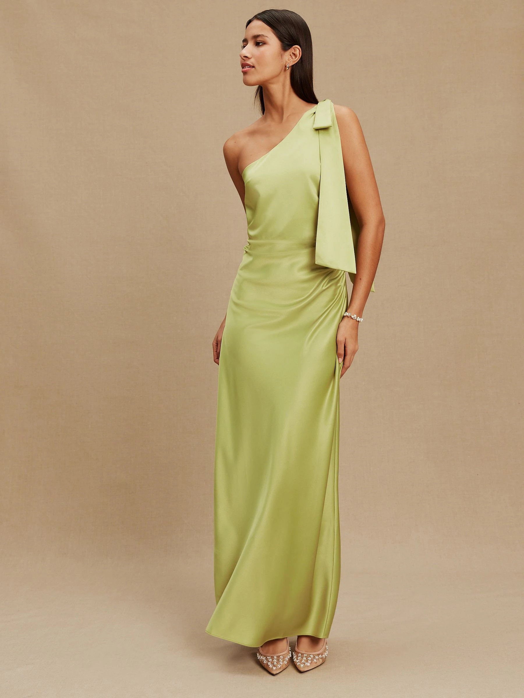 Green Bow One Shoulder Maxi Bridesmaid Dress