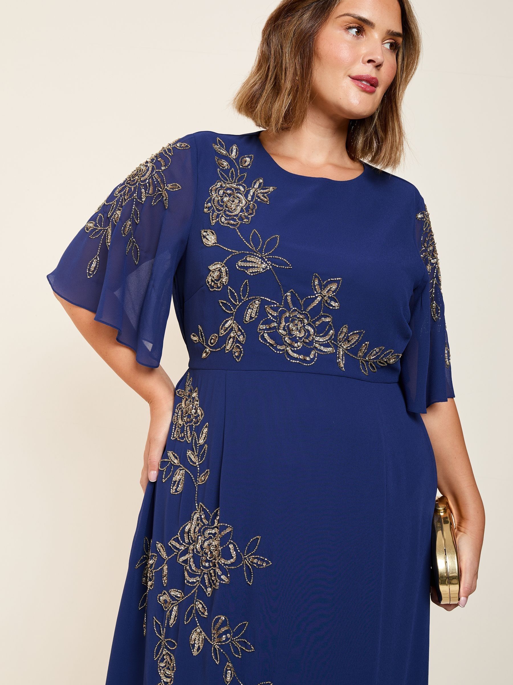 Friends Like These Navy Curve Short Sleeve Embellished Midi Dress