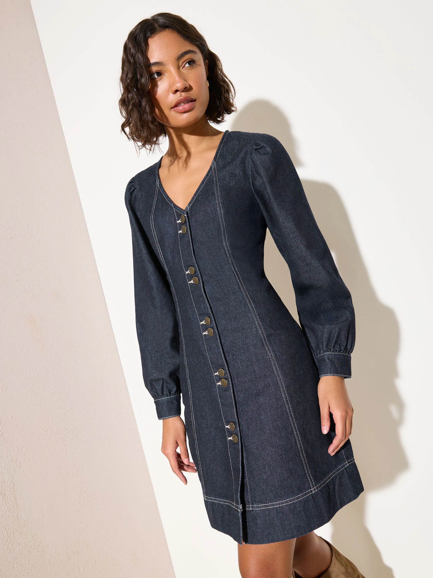 Friends Like These Rinse Wash V-Neck Puff Sleeved Denim Mini Dress