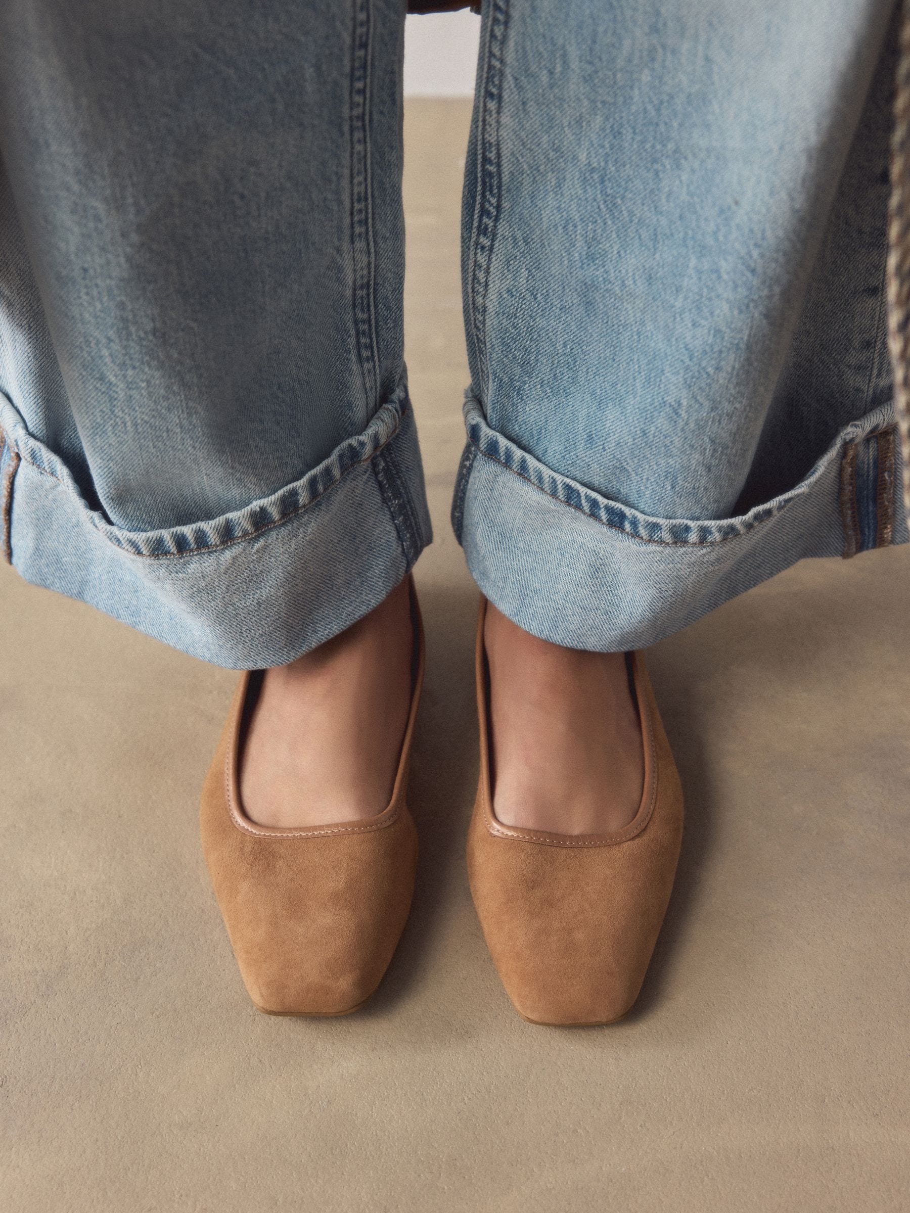 Tan Brown Forever Comfort® Leather Square Toe Ballerina Shoes