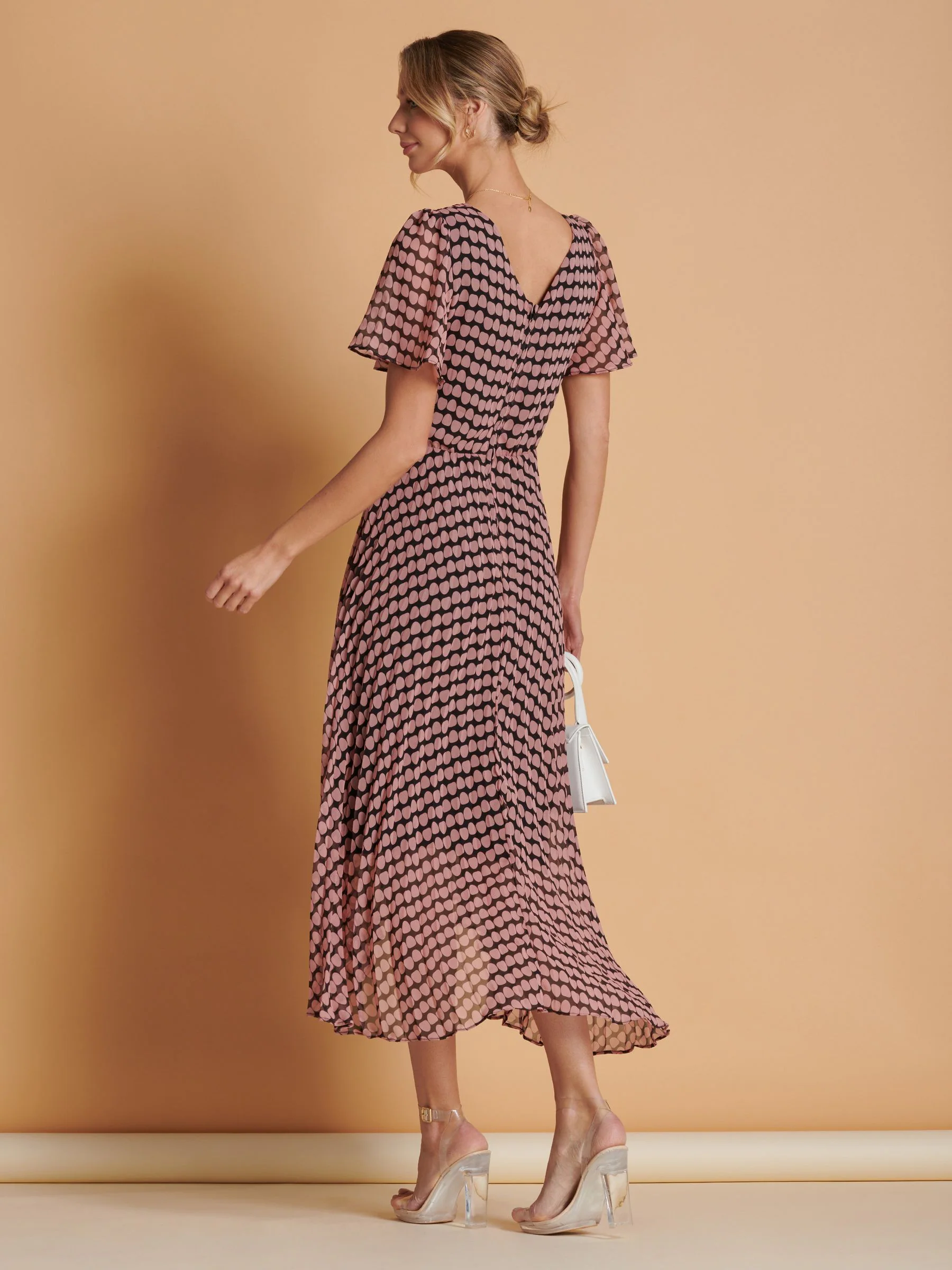 Jolie Moi Pink Spot Pleated Dip Hem Chiffon Maxi Dress