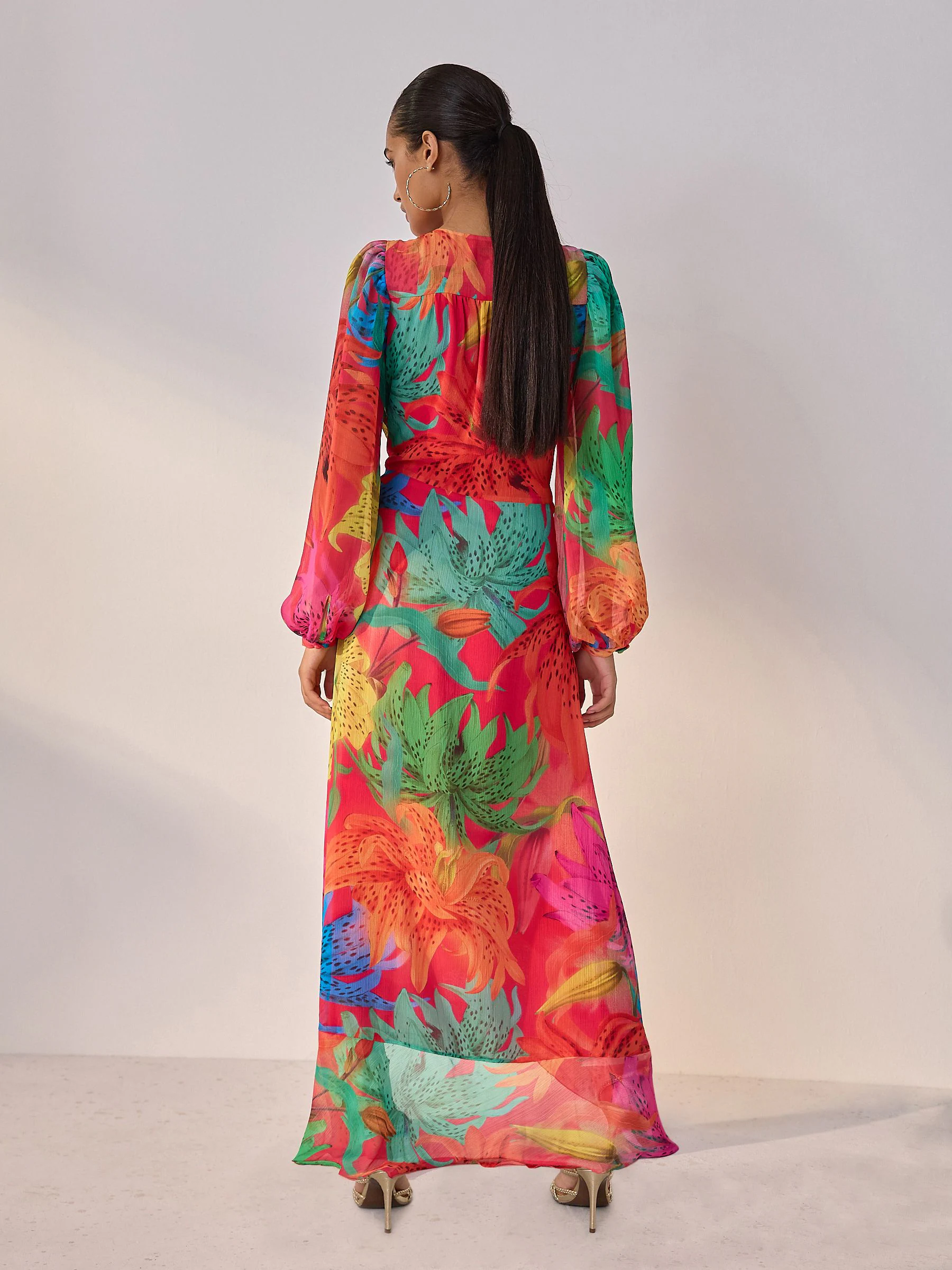 Kew Collection Bright Floral Occasion Long Sleeve Wrap Midi Dress