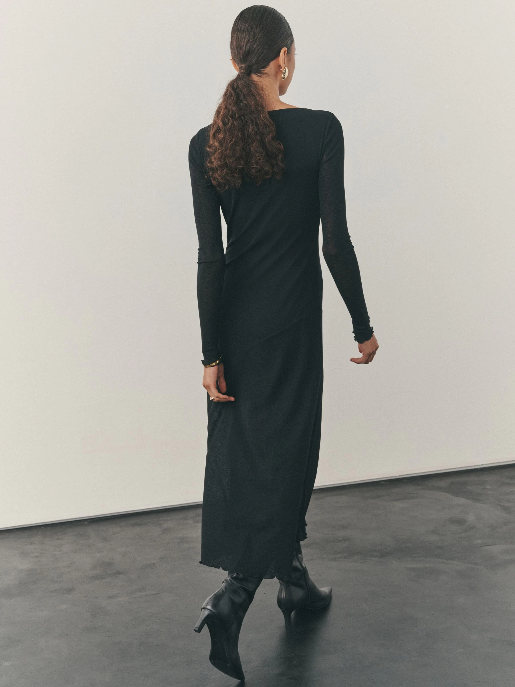 Nothing Ordinary Black Print Mesh Slash Neck Long Sleeve Midi Dress