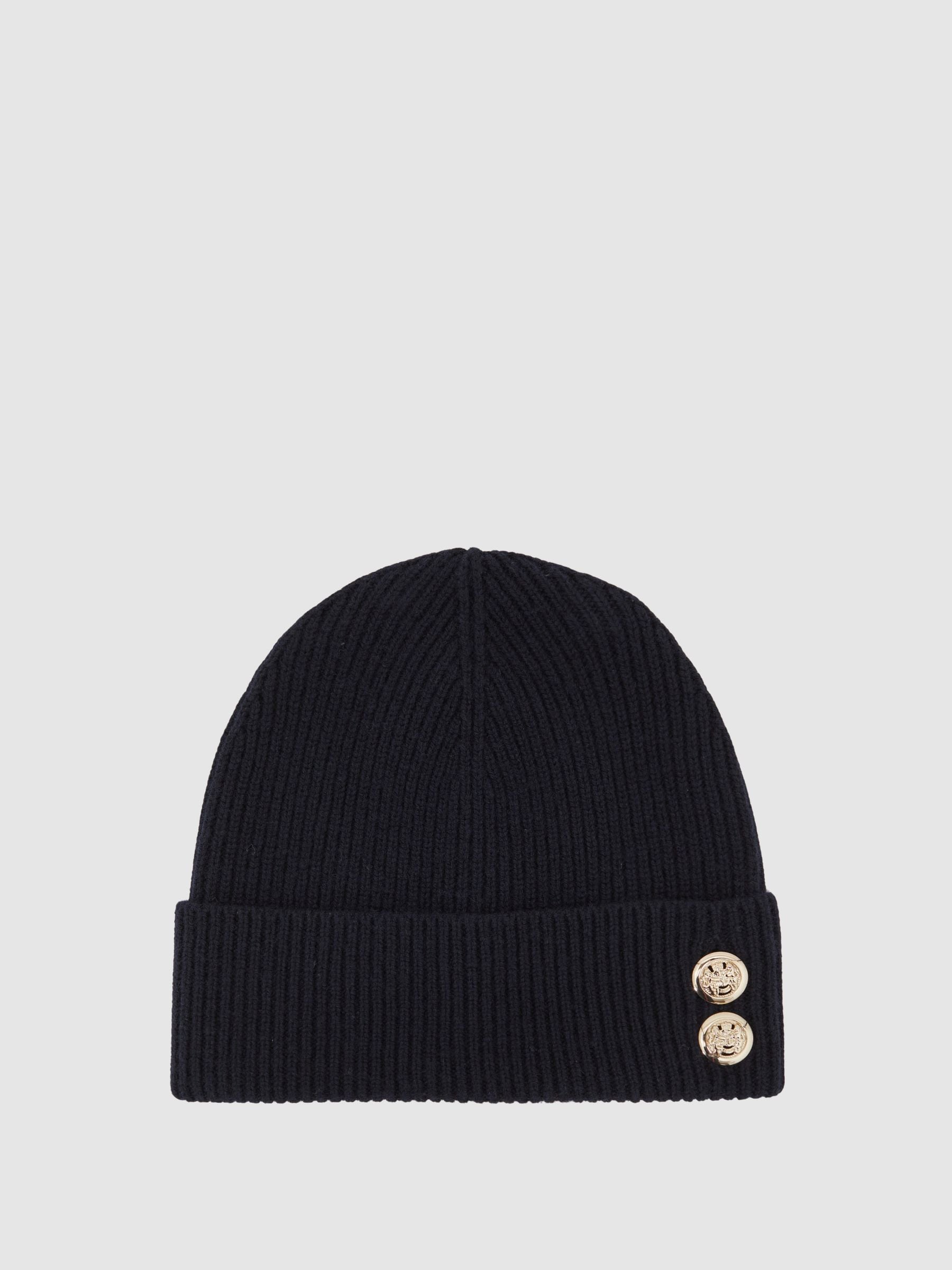 Reiss Navy Bianca Merino Wool Blend Button Beanie With Cashmere