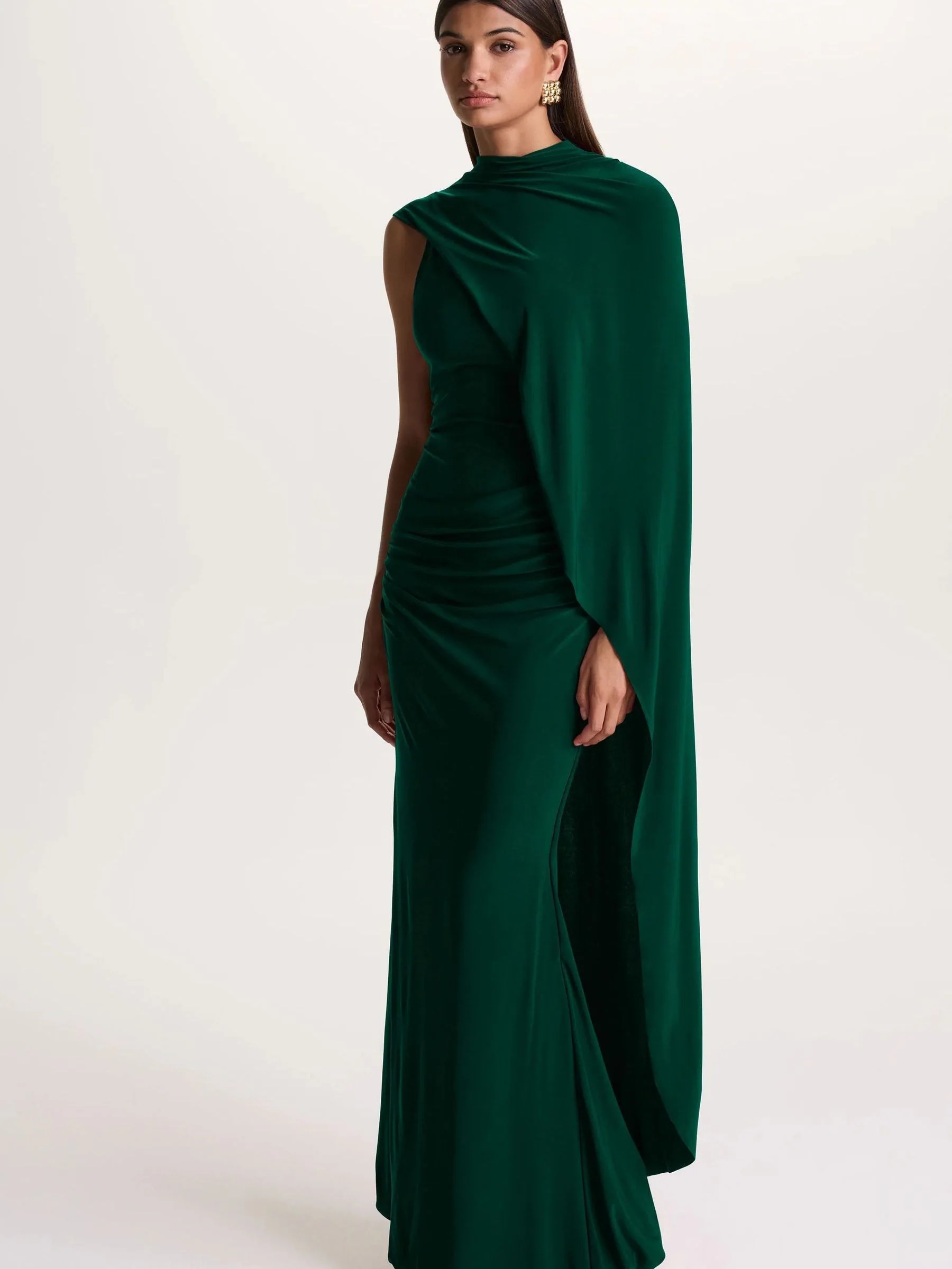 Club L London Green Maeve | Bottle Green Cape-Sleeve Draped Maxi Dress