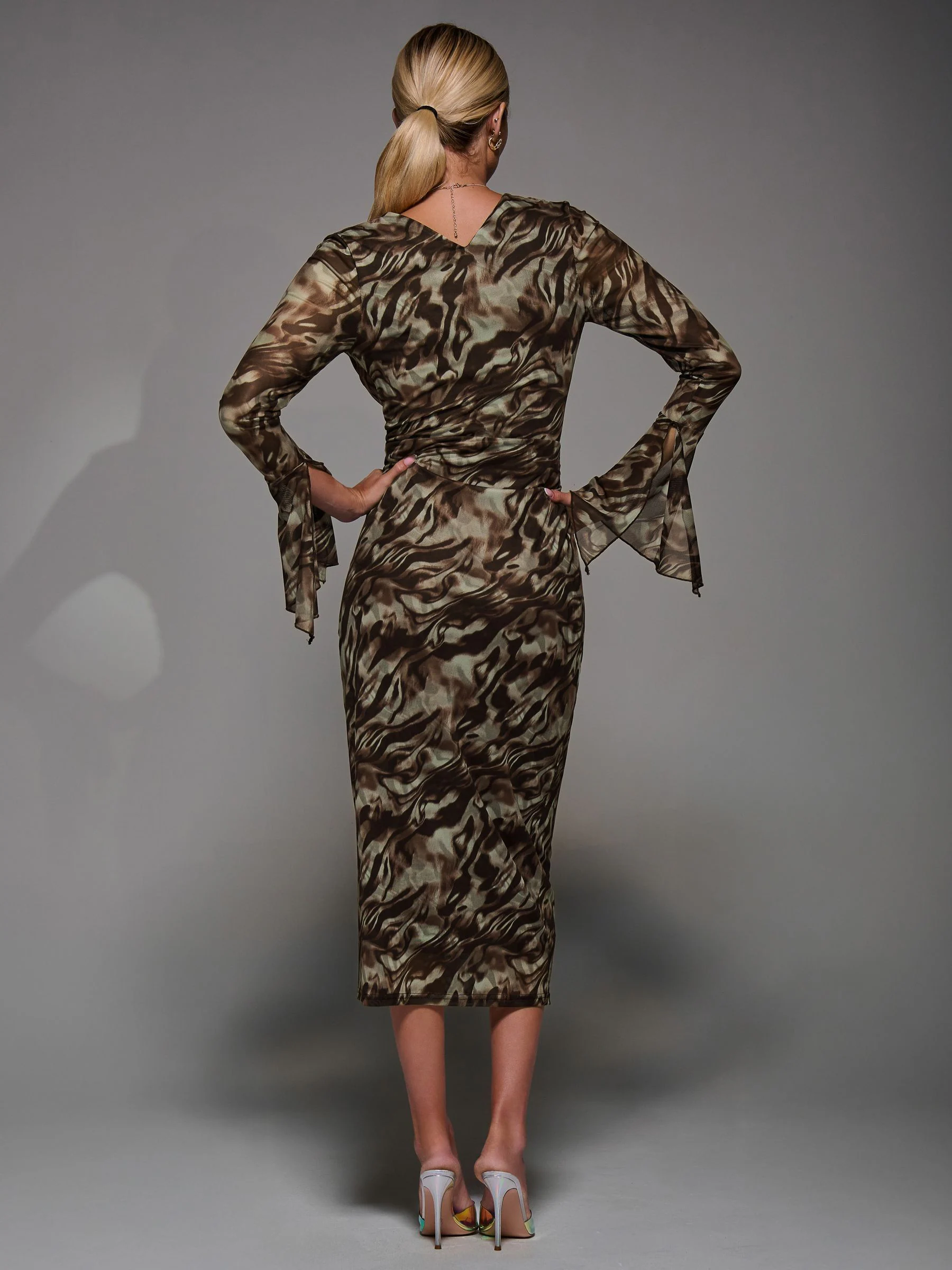 Jolie Moi Brown Long Sleeve Mesh Bodycon Dress