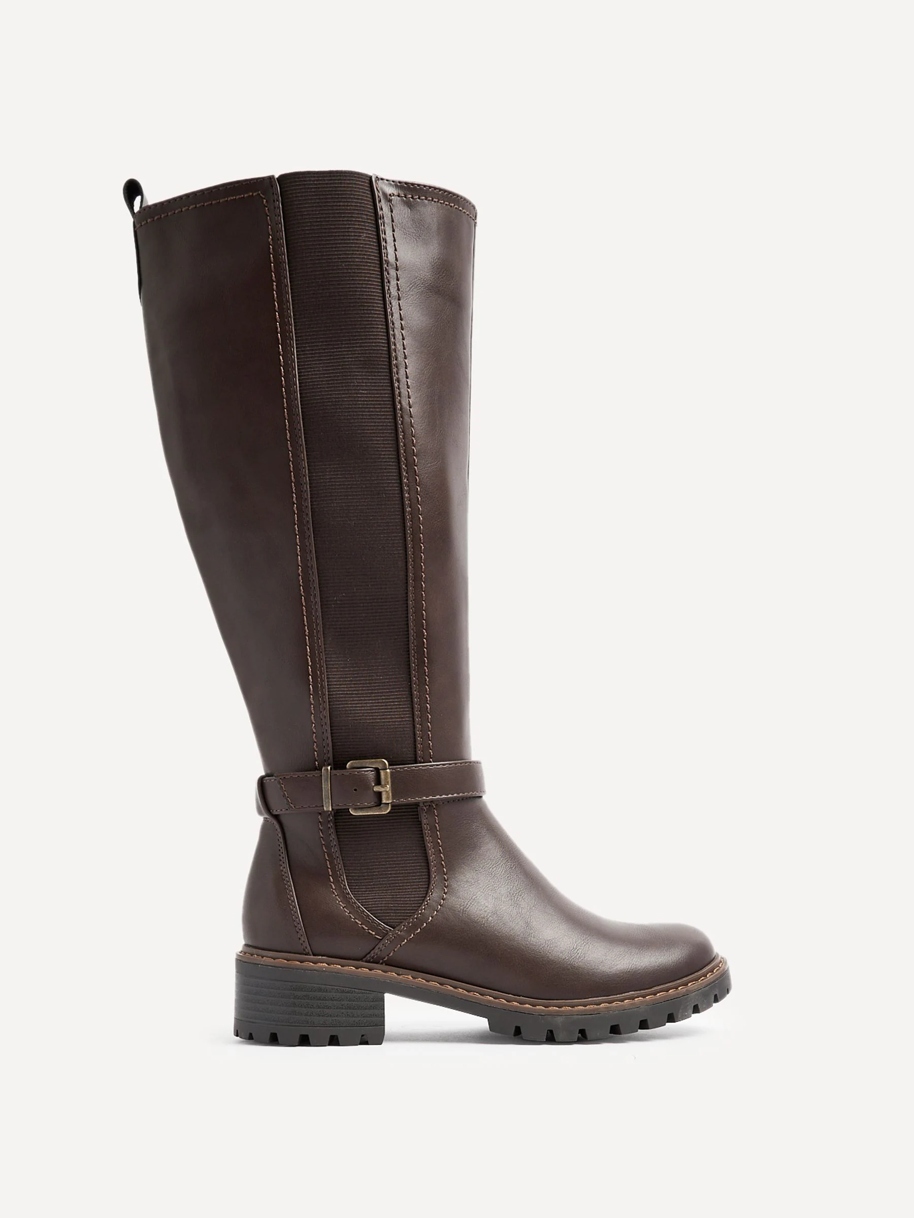 Linzi Brown Gilded High Leg Boots With Stretch Side Panel and Buckle Detail