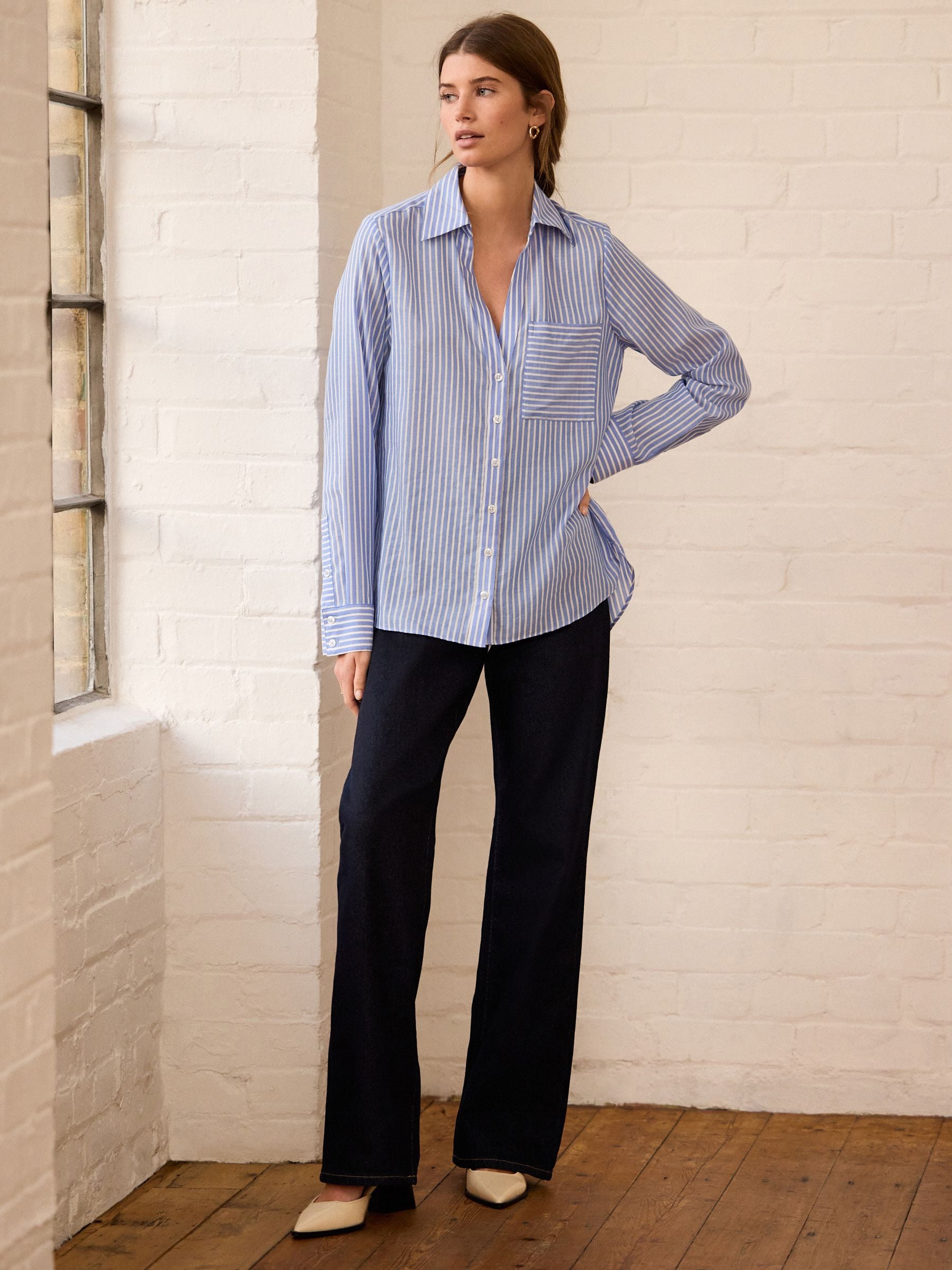 Blue Stripe Soft Relaxed Long Sleeve V Neck Shirt