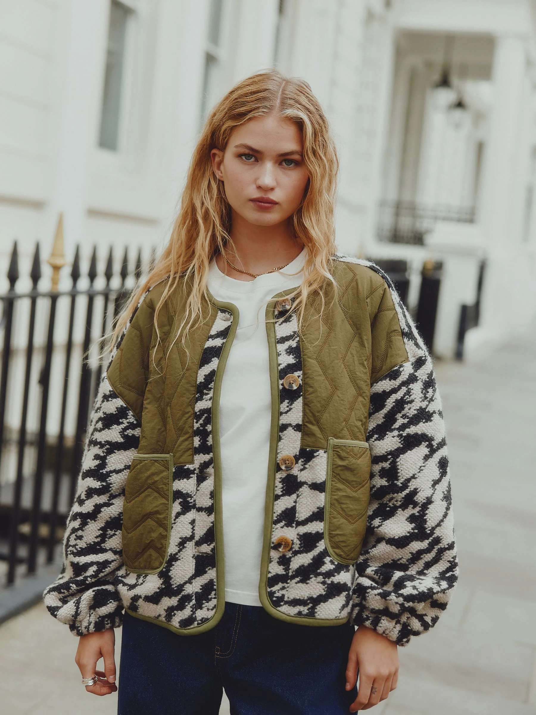 Olive Green/Animal Print Fluffy Cosy Woven Button Through Borg Jacket
