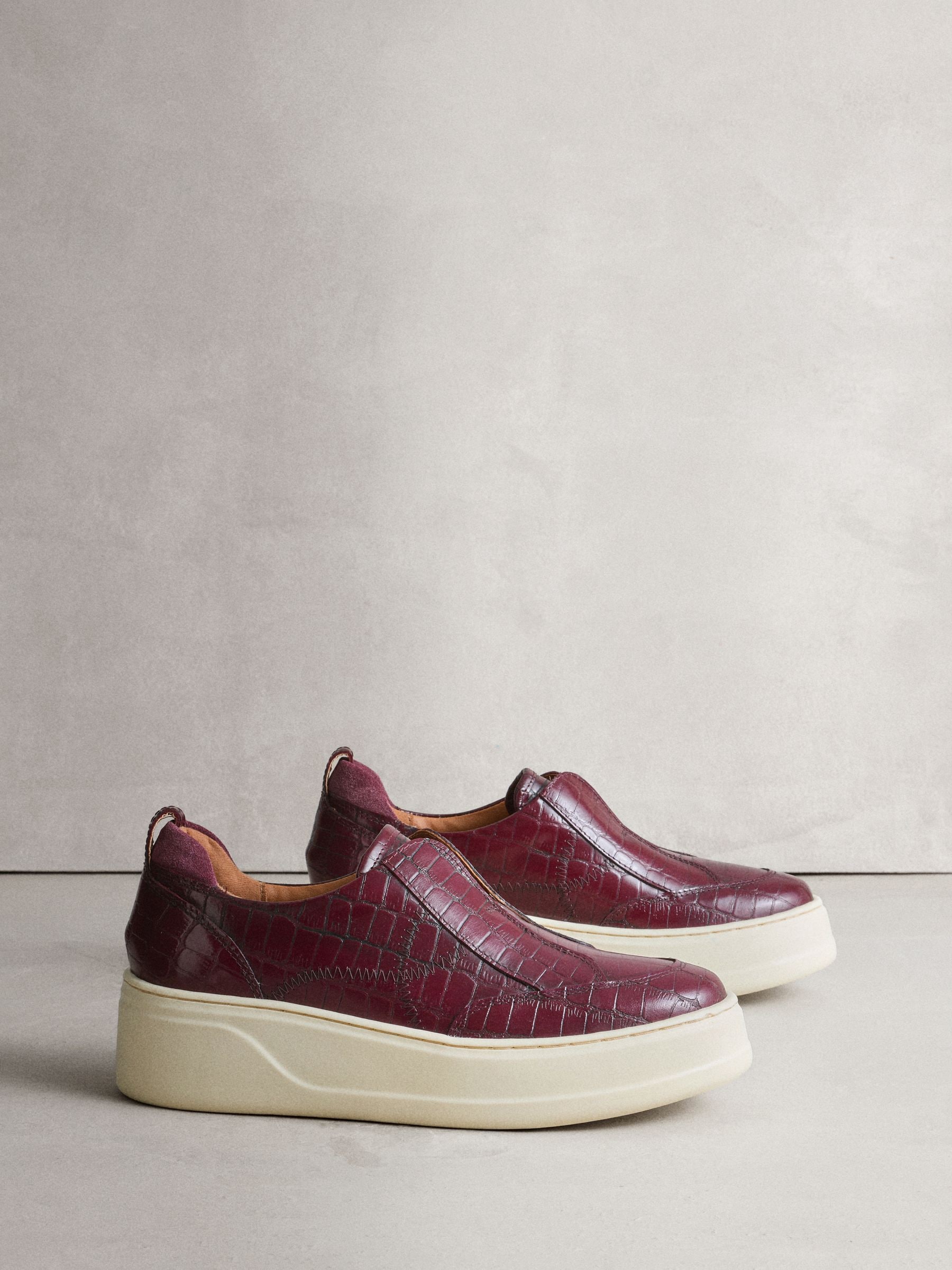 Burgundy Croc Effect Signature Leather Chunky Wedge Platform Trainers