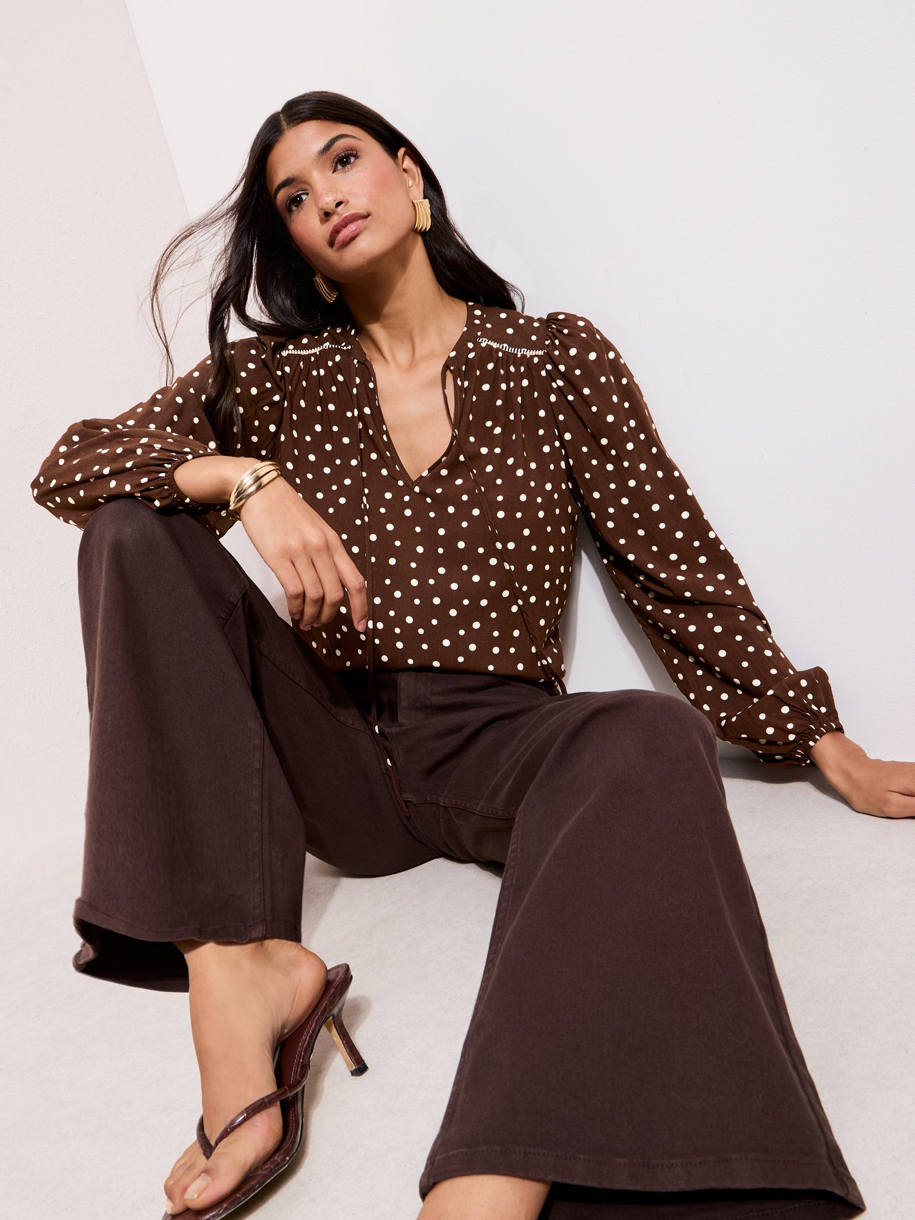 Friends Like These Chocolate Brown Spot Long Sleeve Crochet Detail Blouse