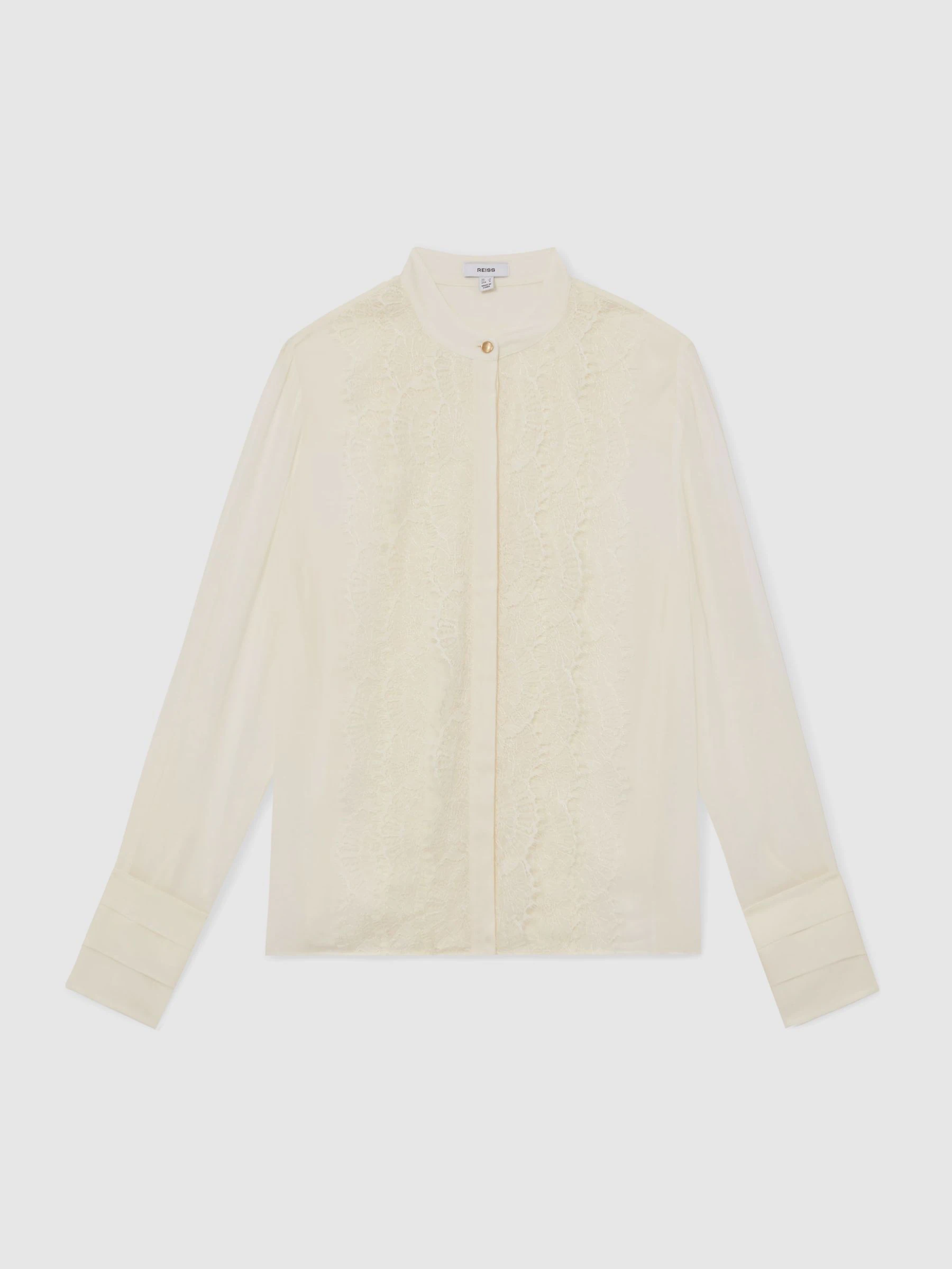 Reiss Cream Miranda Lace-Trim Sheer Button-Through Blouse