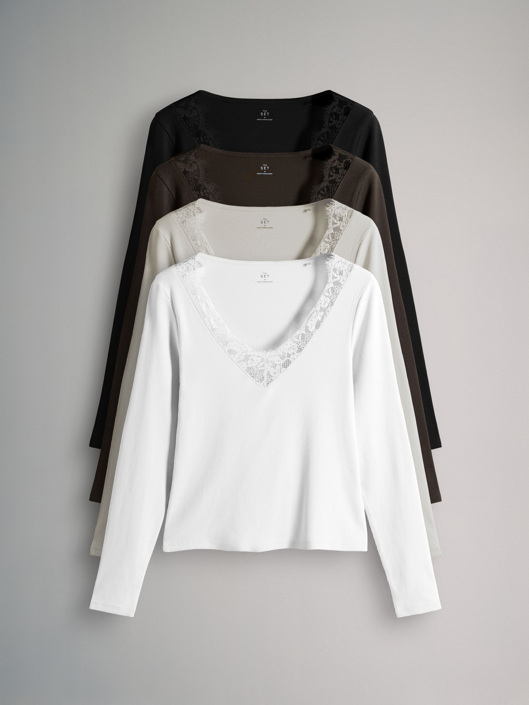 The Set 4 Pack Long Sleeve V-Neck Ribbed Lace Trim T-Shirt Black/Chocolate Brown/Taupe Brown/Cream