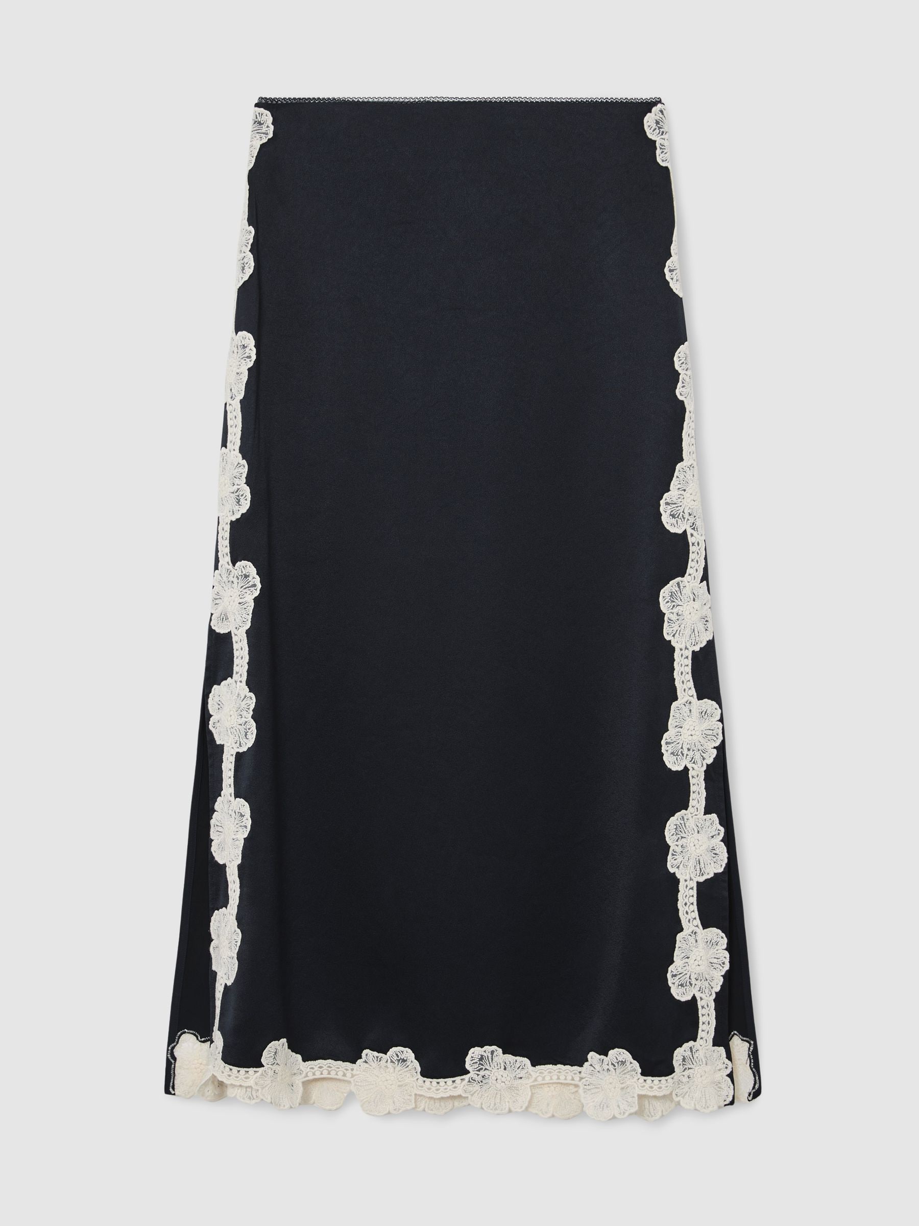 Reiss Navy Doa Satin Floral-Lace Trim Midi Skirt