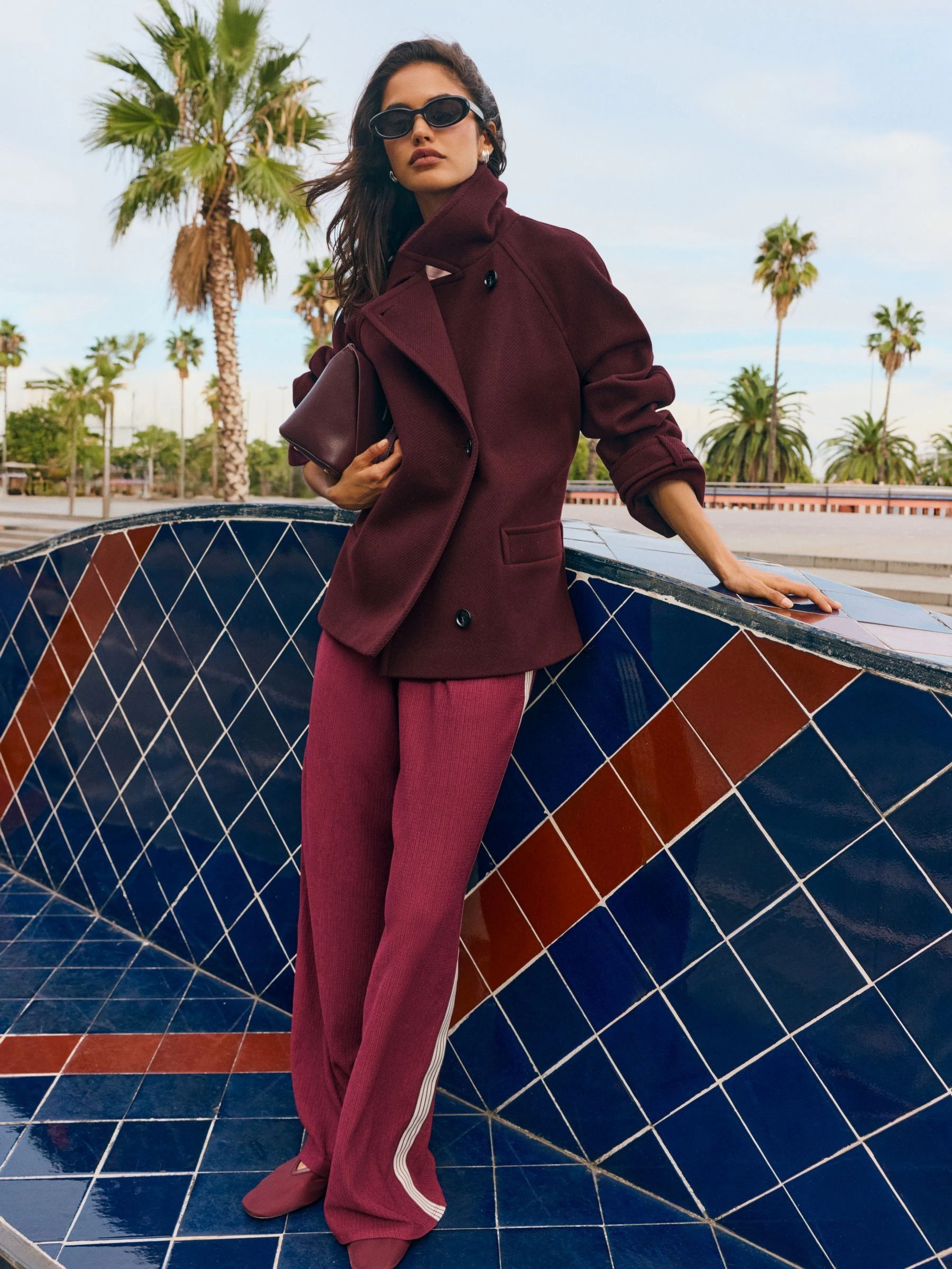 Friends Like These Burgundy Red Short Belted Twill Collared Jacket