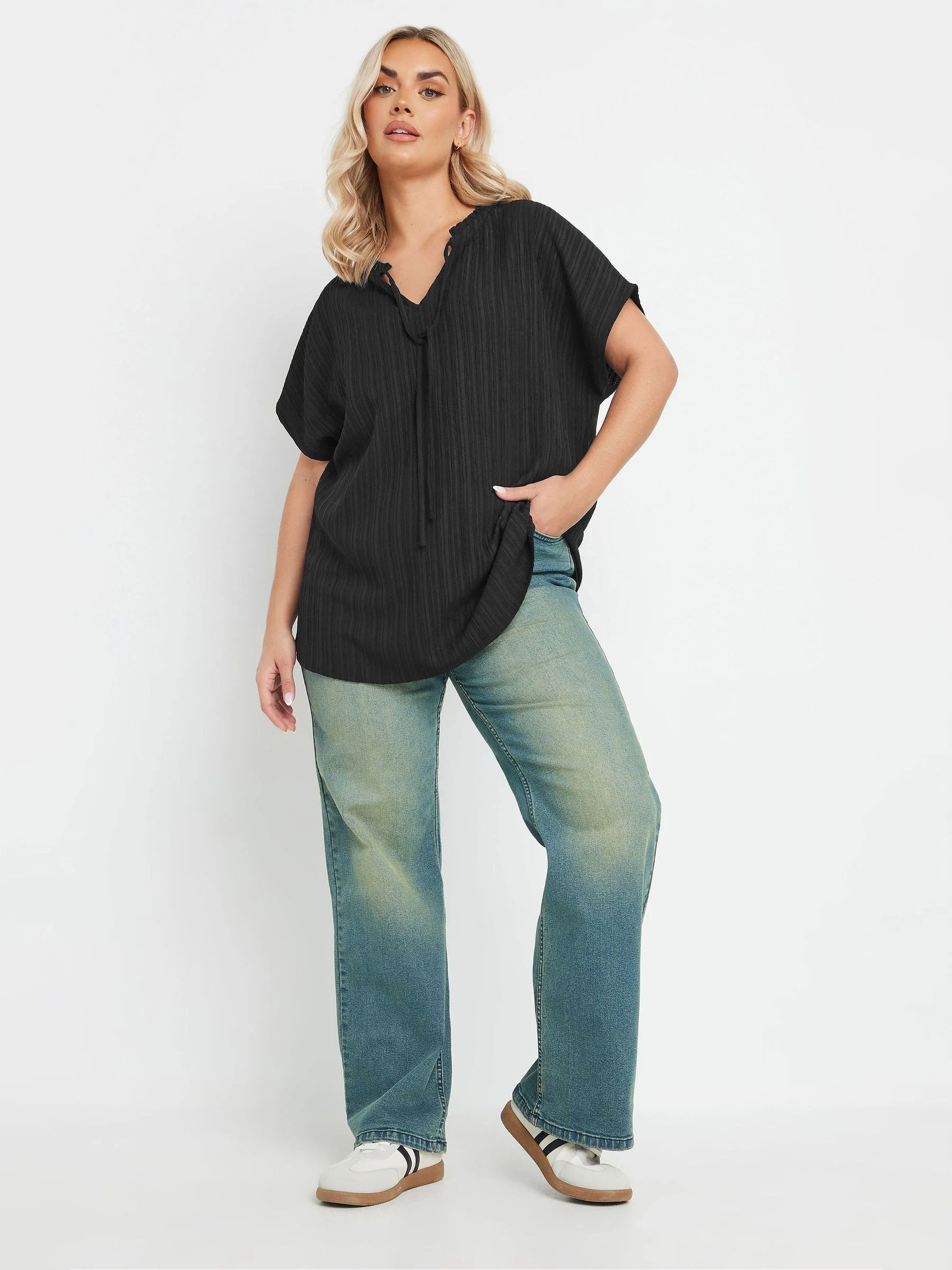 Yours Curve Black Textured Frill Neck Blouse