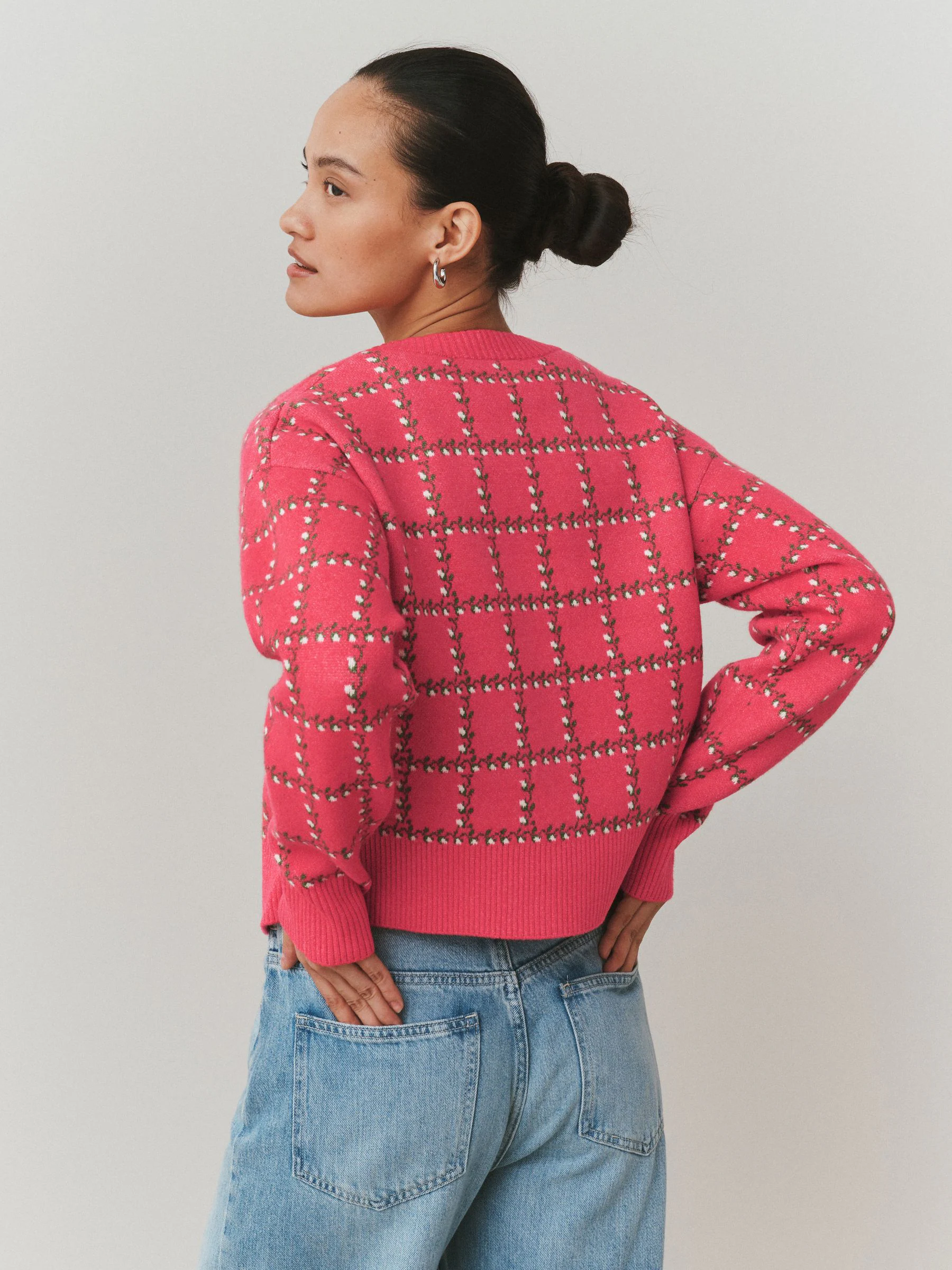 Pink Floral Check Supersoft Tie Front Knitted Cardigan