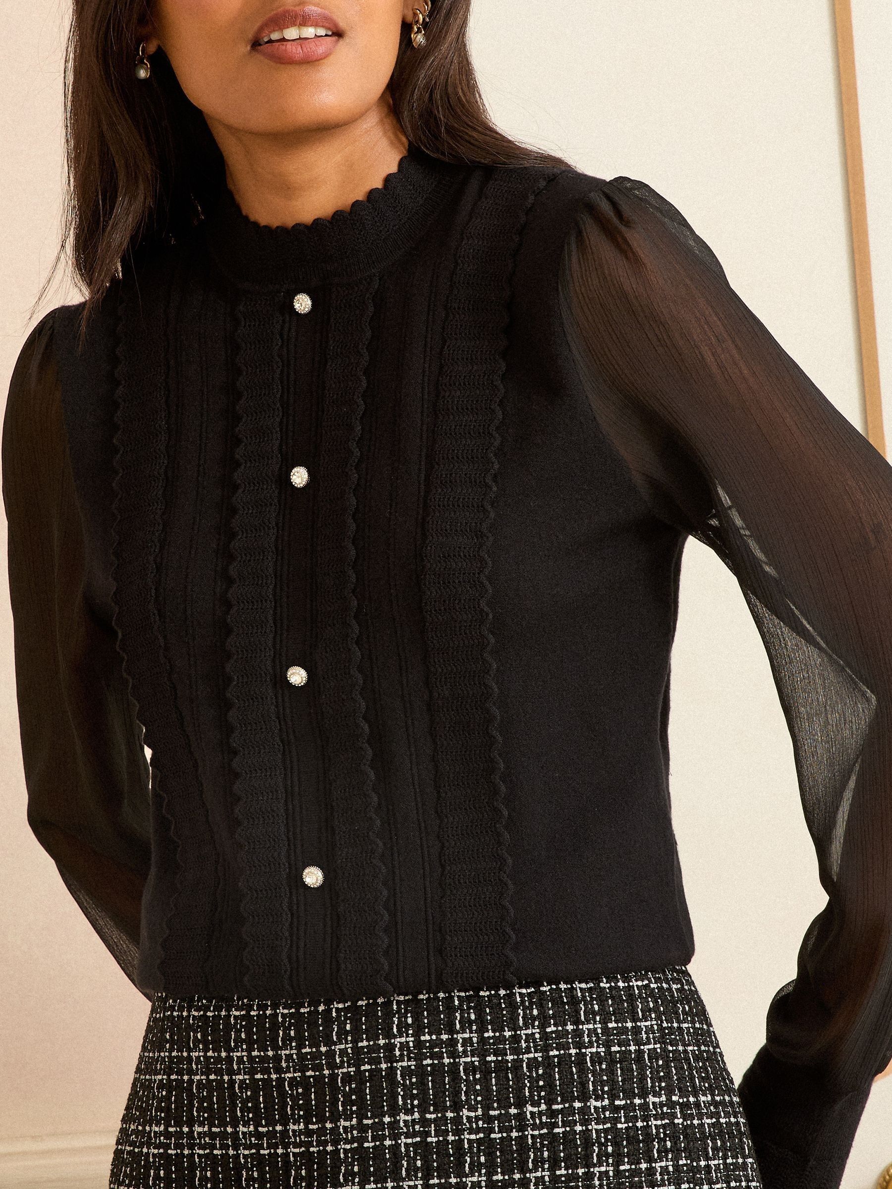 Love & Roses Black Funnel Neck Chiffon Sleeve Knitted Top