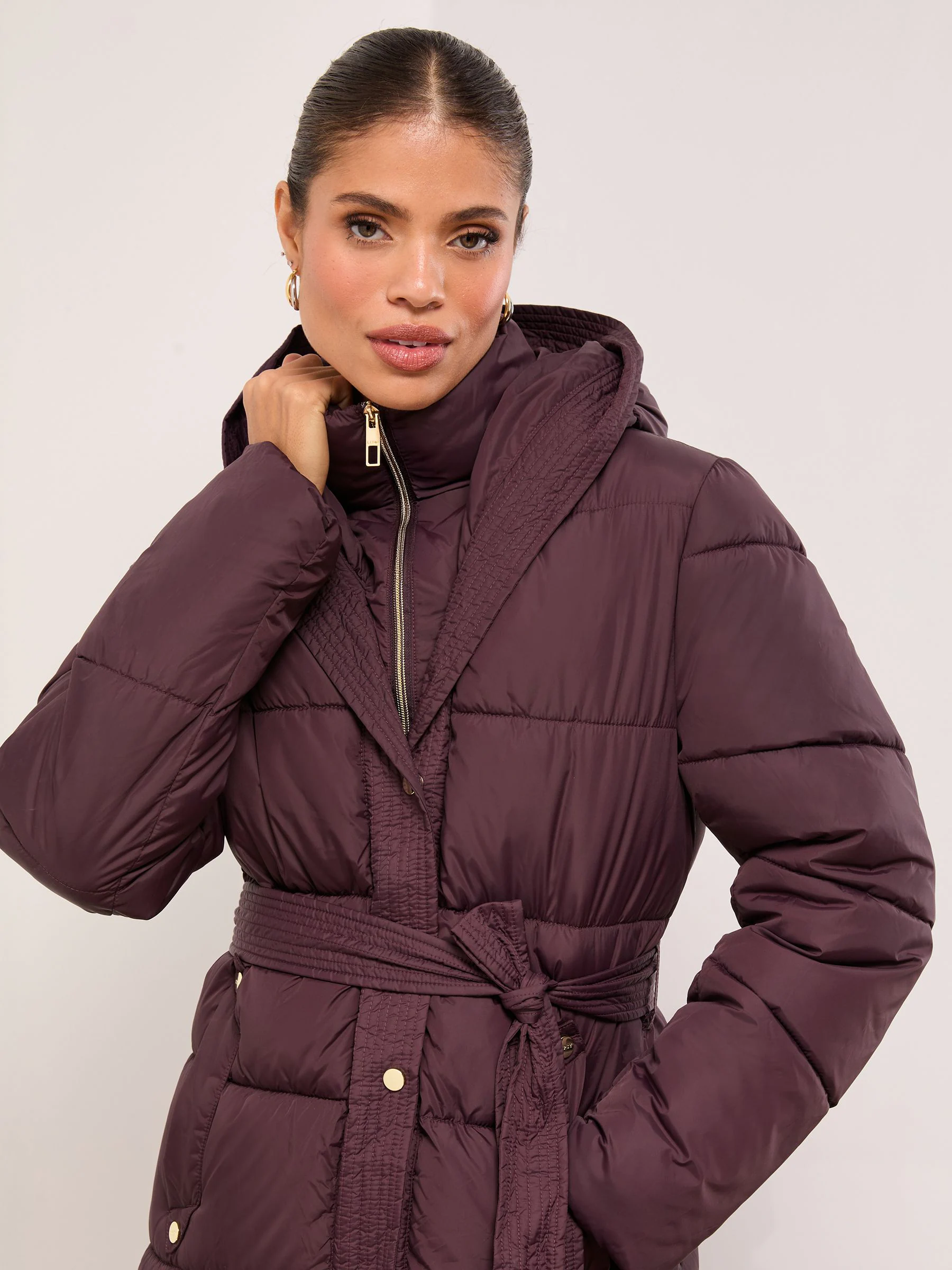 Lipsy Plum Funnel Double Layer Belted Longline Coat