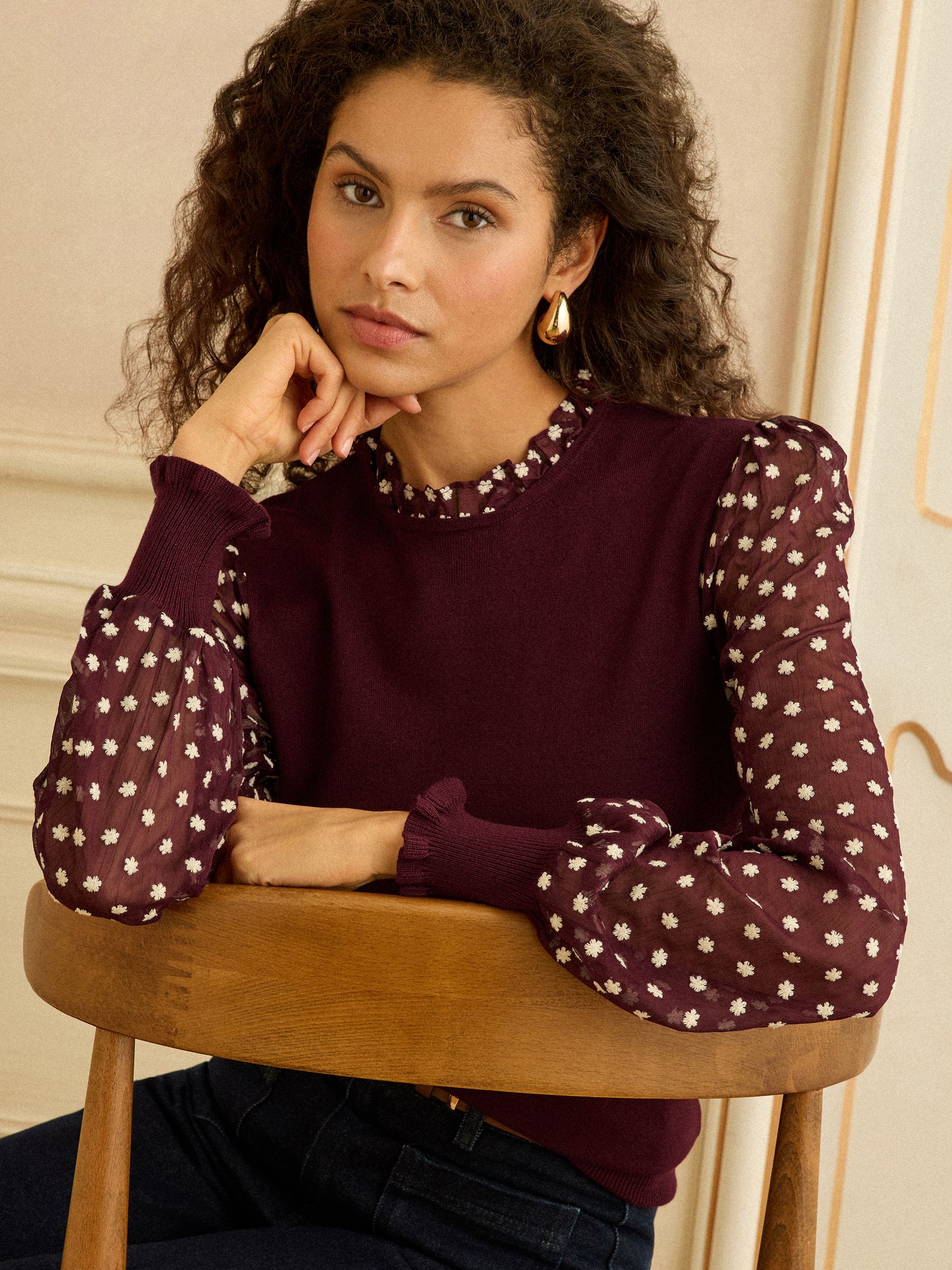 Love & Roses Berry Red Chiffon Sleeve Knitted Top