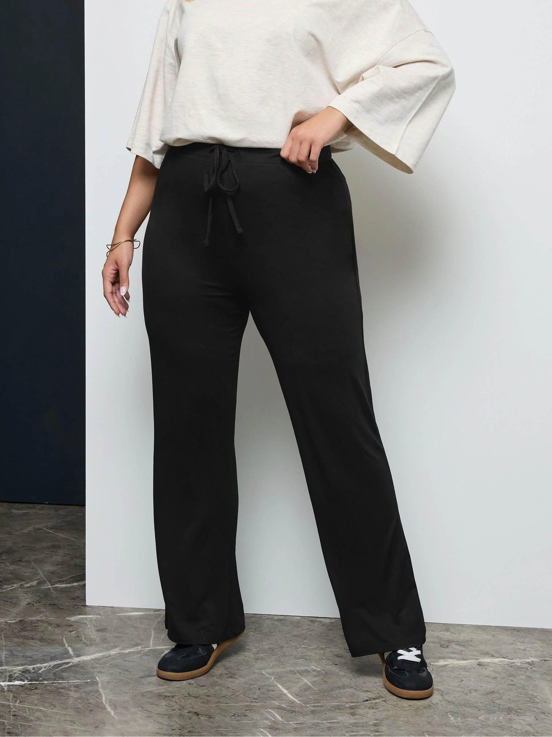 Yours Curve Black Wide Leg Pull On Stretch Jersey Yoga Joggers