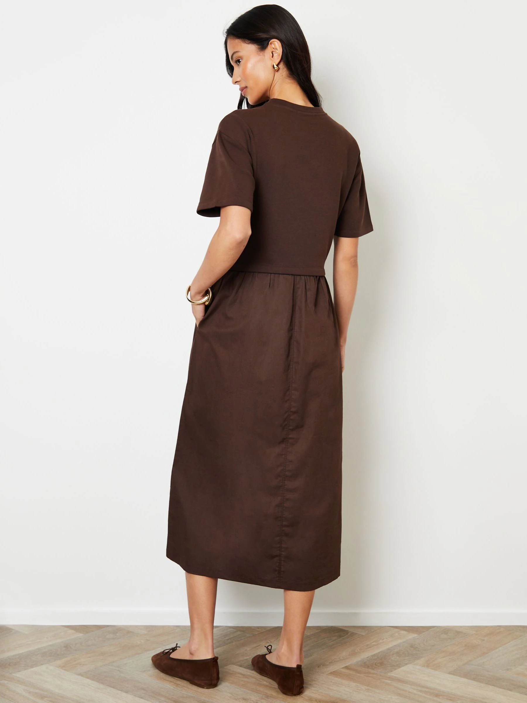 Threadbare Brown 2-in-1 Sweat Dress with Poplin Skirt