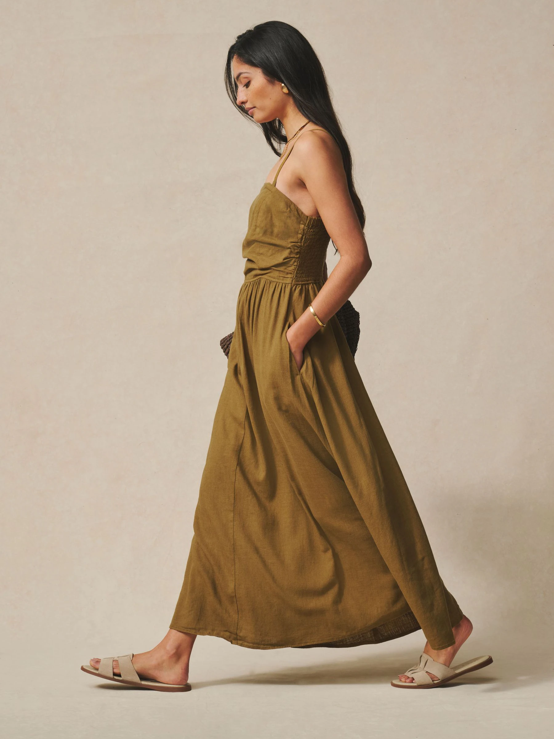 Khaki Green Ruched Bandeau Midi Dress with Linen