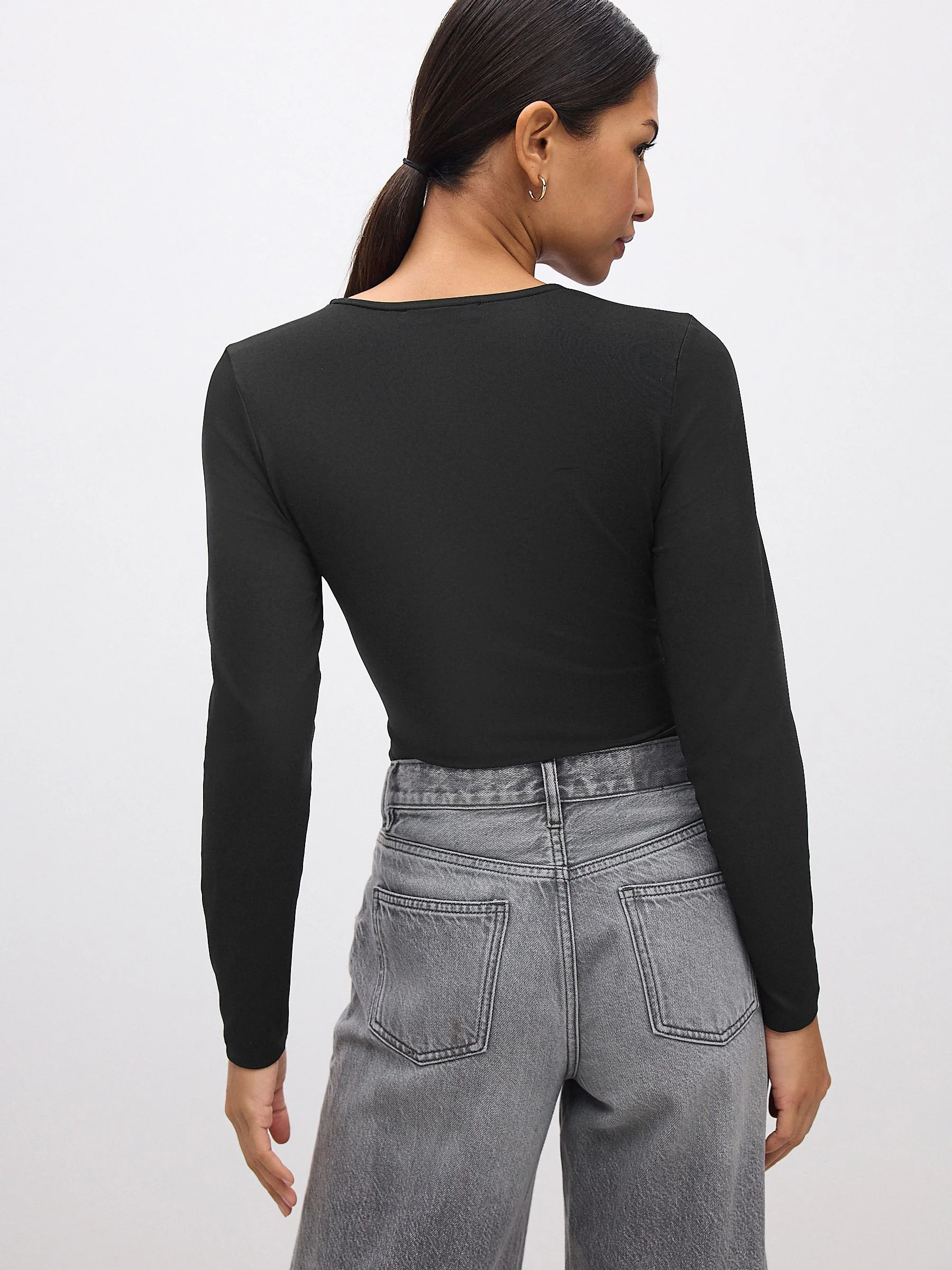 Black Soft Touch Slinky Nylon Crew Neck Long Sleeve Top