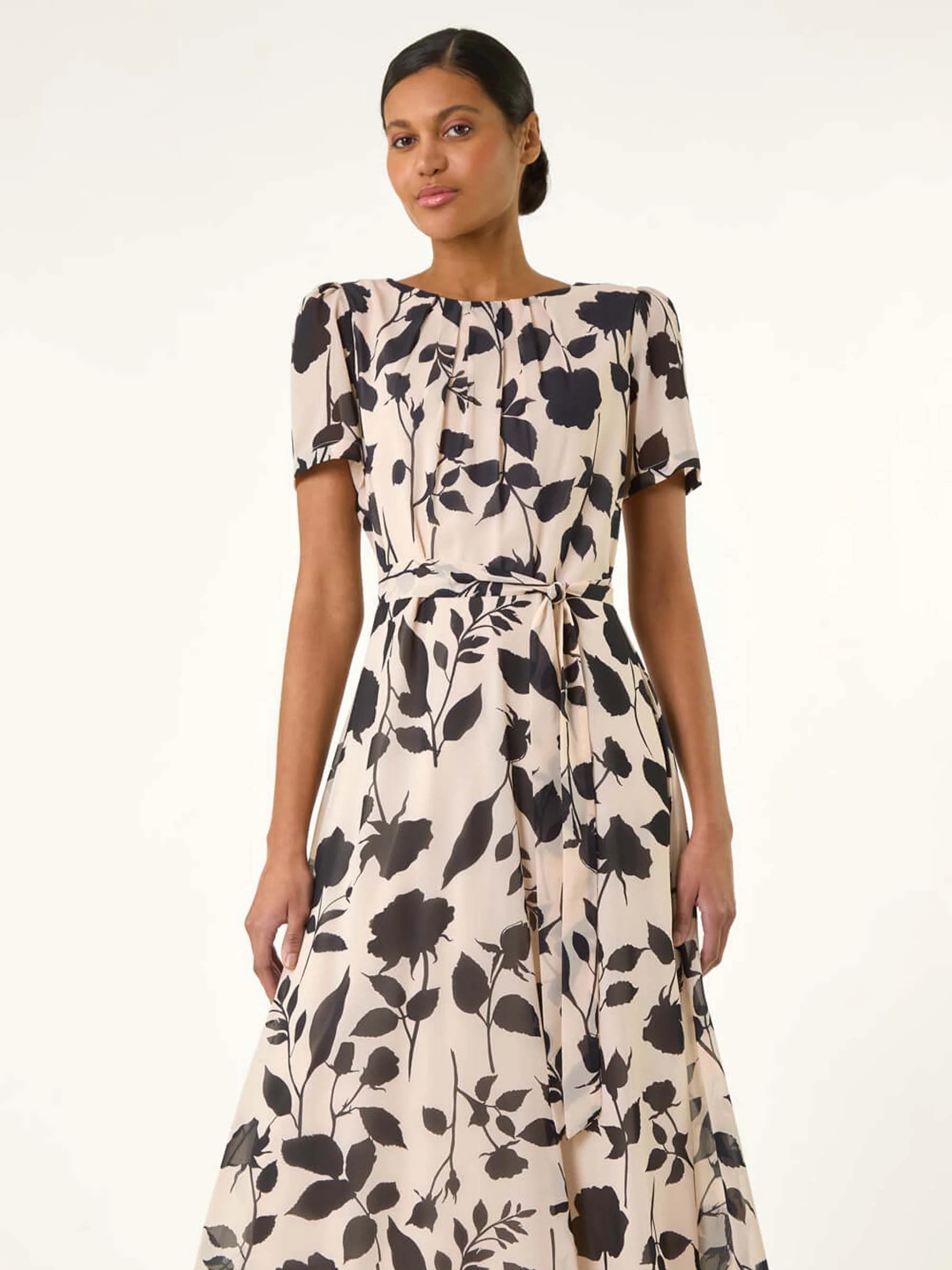 Roman Natural Flower Print Pleat Neck Midi Dress