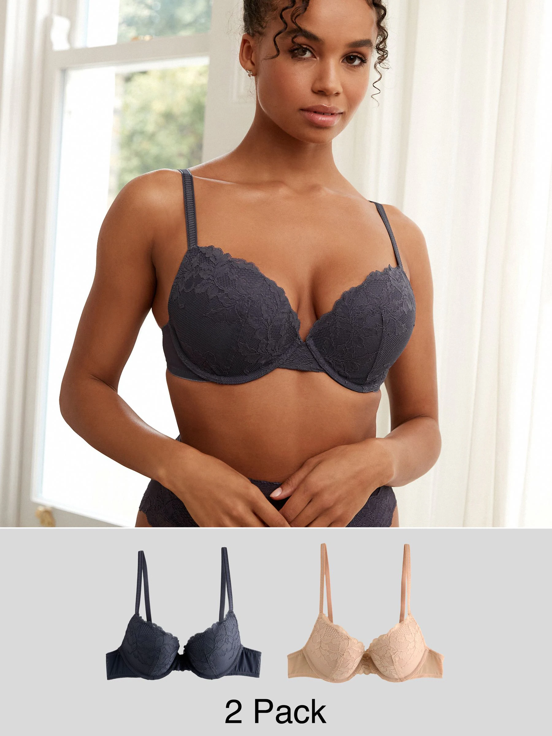 Neutral/Navy Push Up Plunge Lace Bras 2 Pack