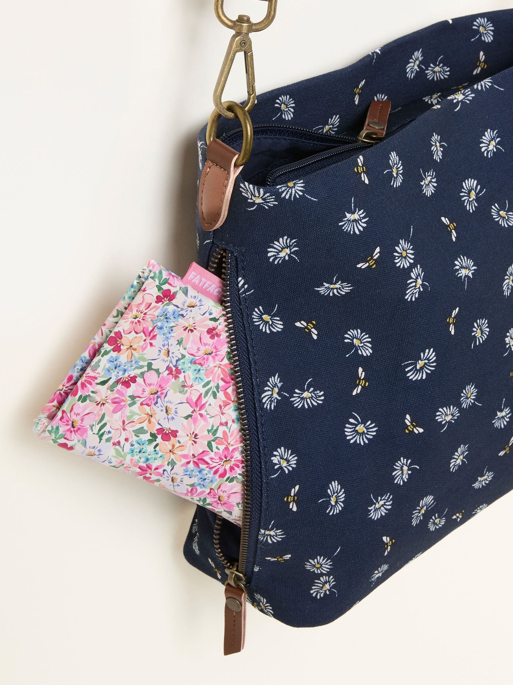FatFace Kingston Navy Blue Canvas Floral Bee Crossbody Bag
