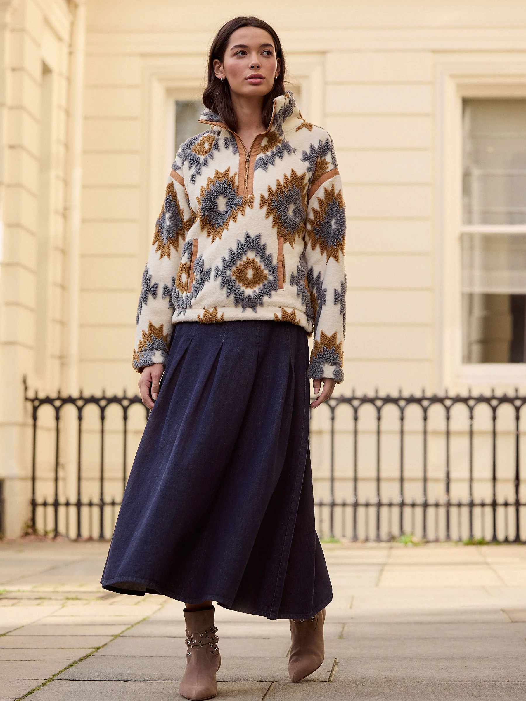 Neutral/Grey N. Premium Aztec Print Borg Half Zip Jacket