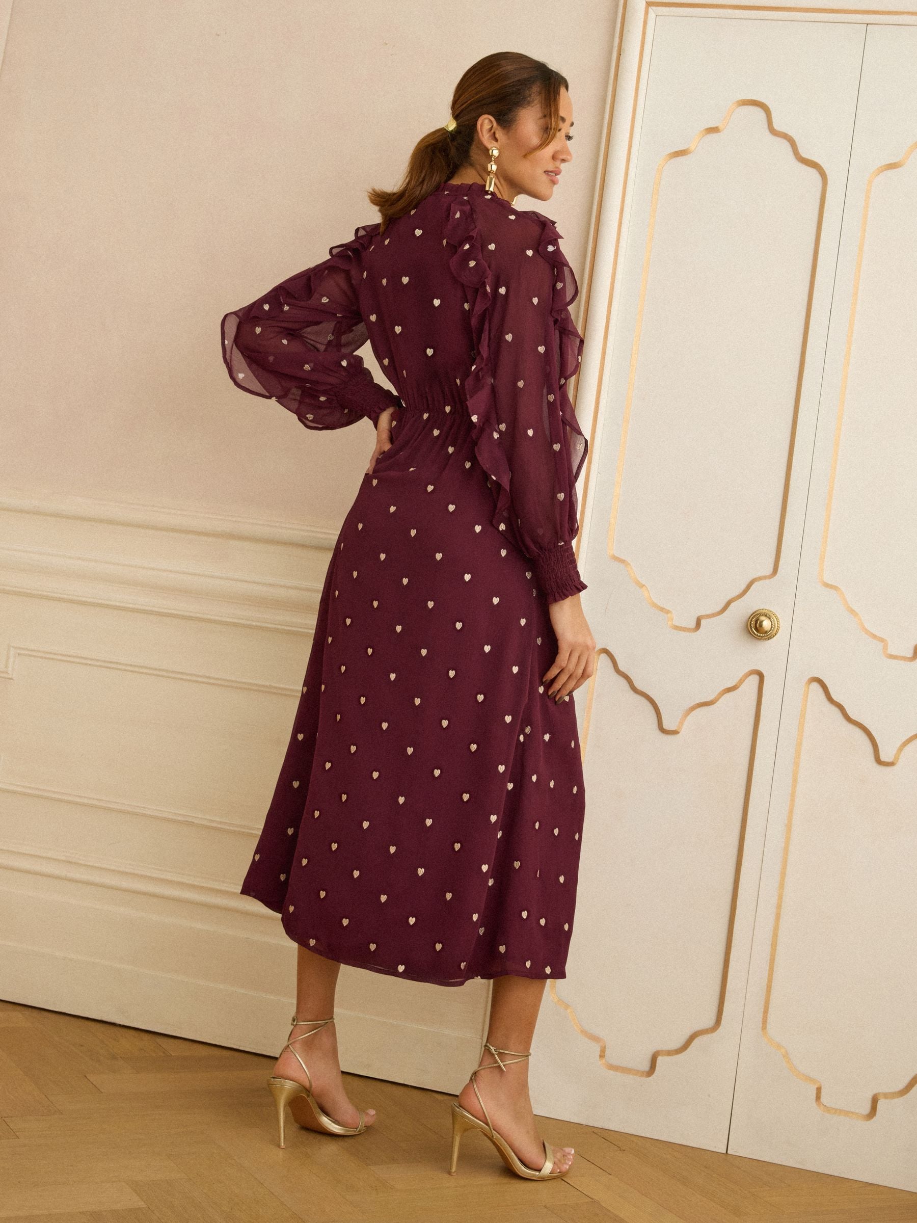 Love & Roses Burgundy Red Heart Embroidered Ruffle Midi Dress