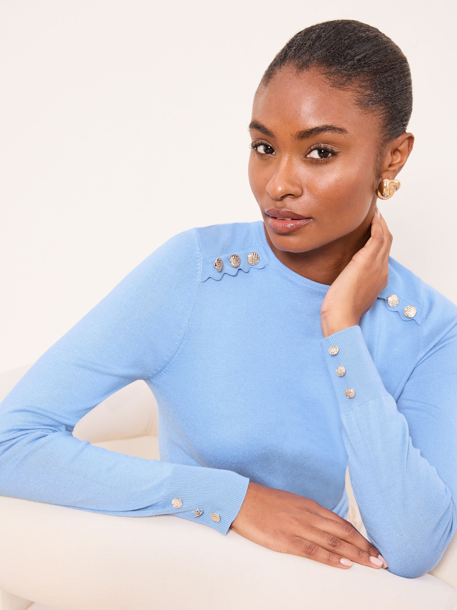 Lipsy Light Blue Knitted Scallop Buttoned Crew Neck Jumper
