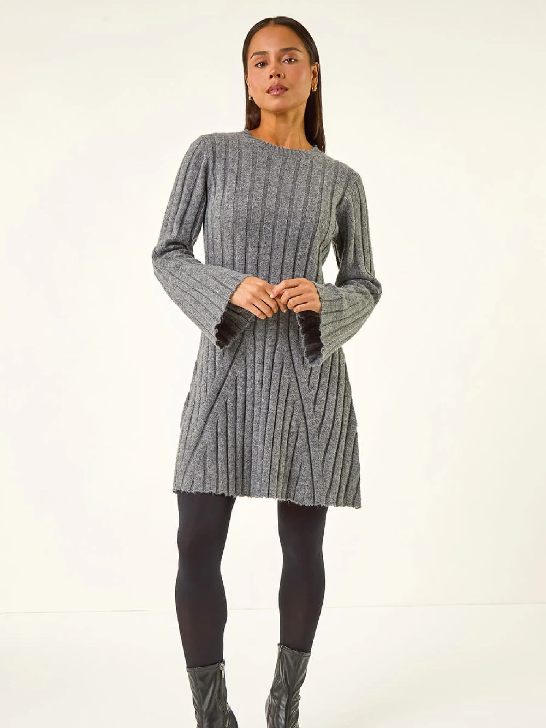 Roman Grey Petite High Neck Knitted Dress