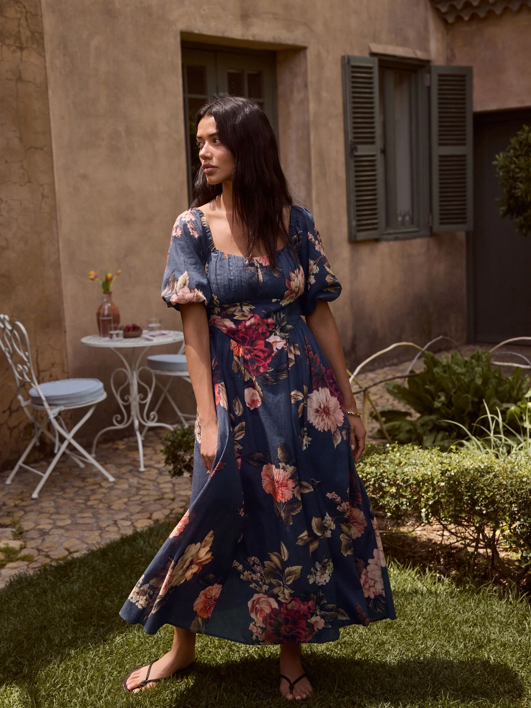Navy Floral Puff Sleeve Midi Dress