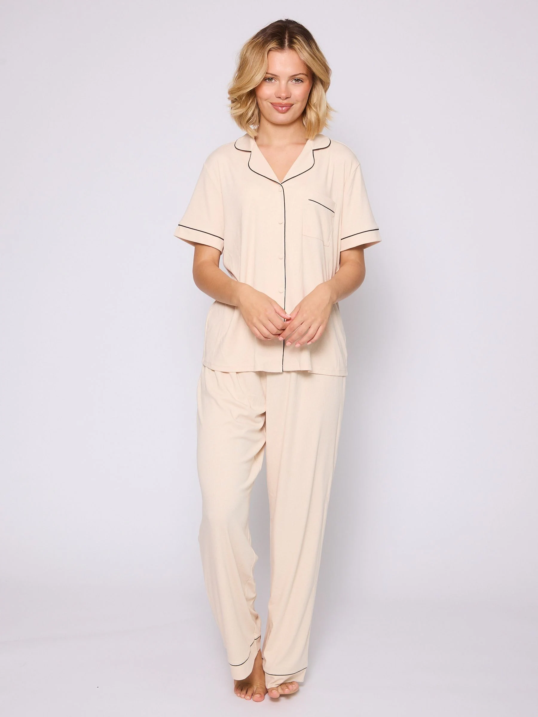 Loungeable Cream/Black Trim Short Sleeve Soft Rib Button Through Pyjamas